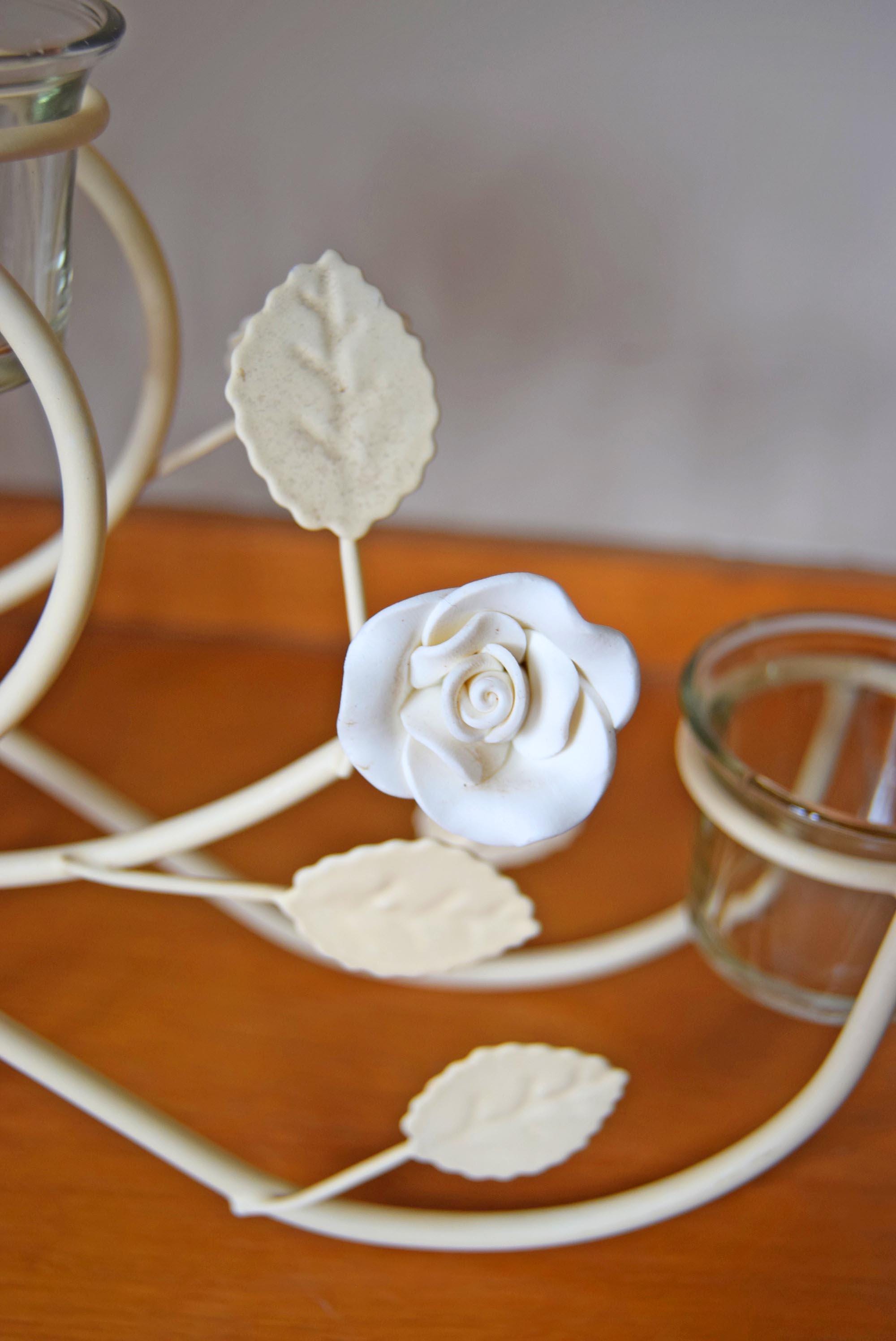 Ivory & White Vintage French Country Rustic Metal Candelabra | Leaves and Flowers