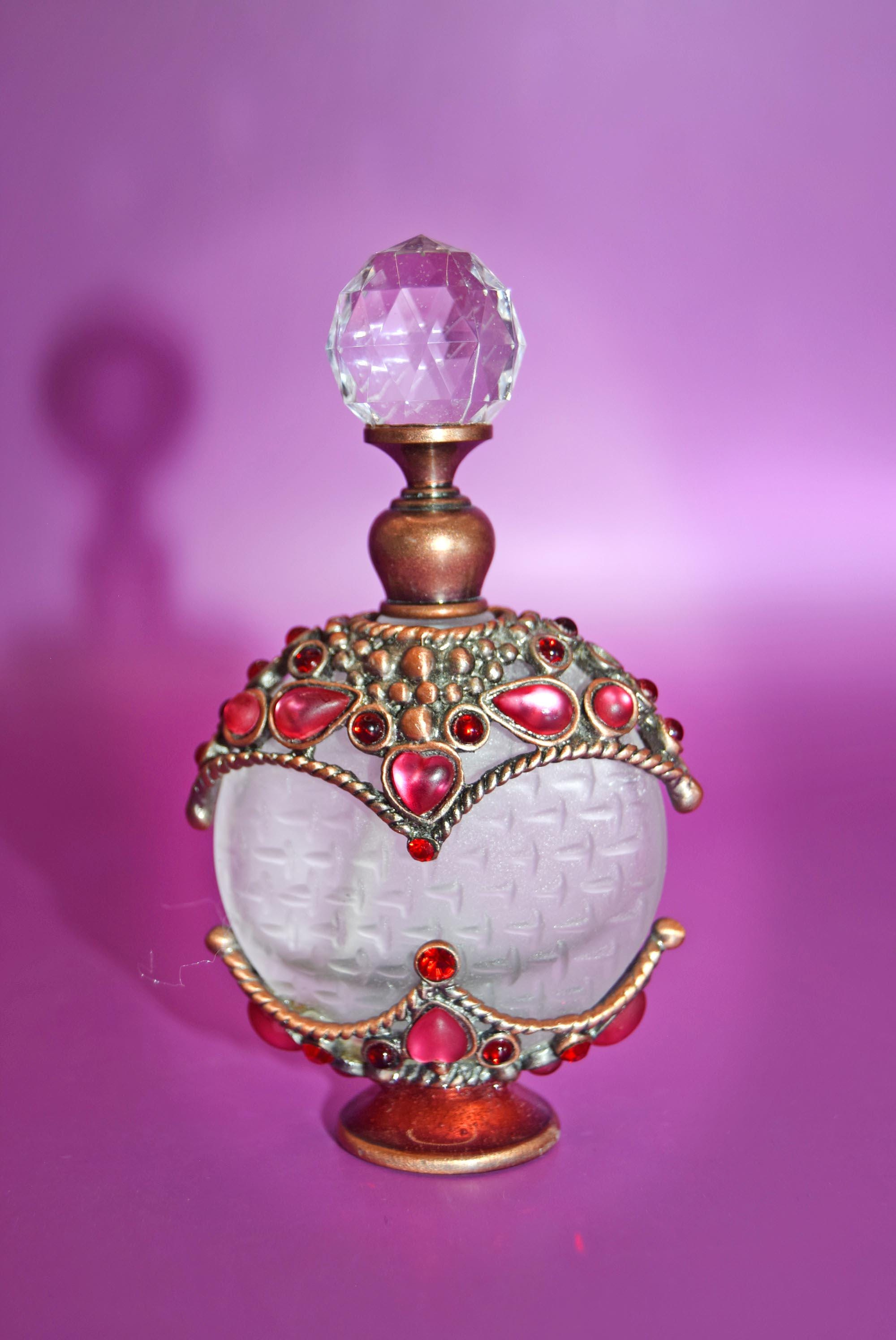 Vintage Perfume Bottle: 1940s Rhinestone Bronze Basket, Crystal Finial