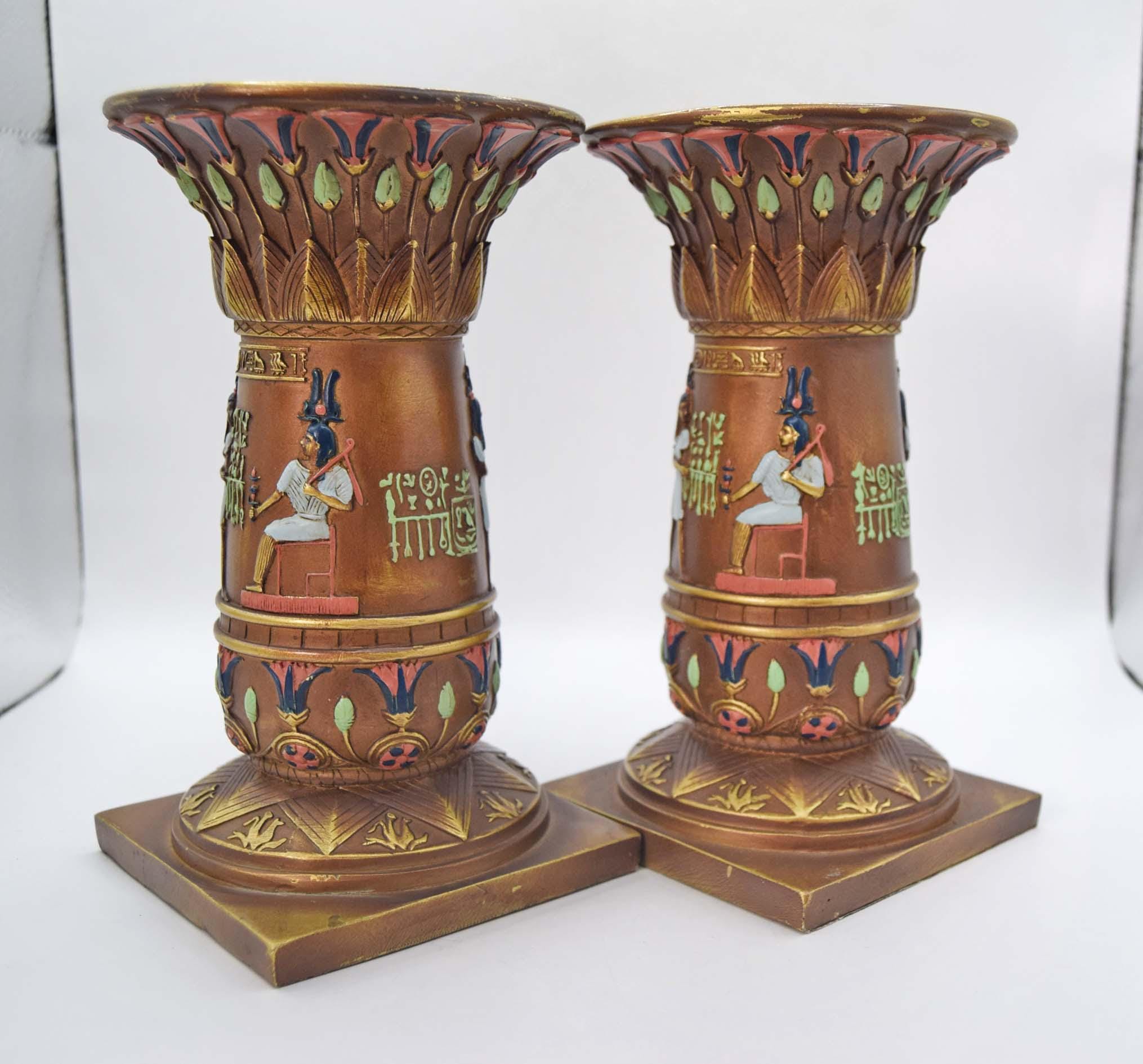Pair of Veronese Pharoahese Cold Cast Resin Candleholders Pedestals Plantholders