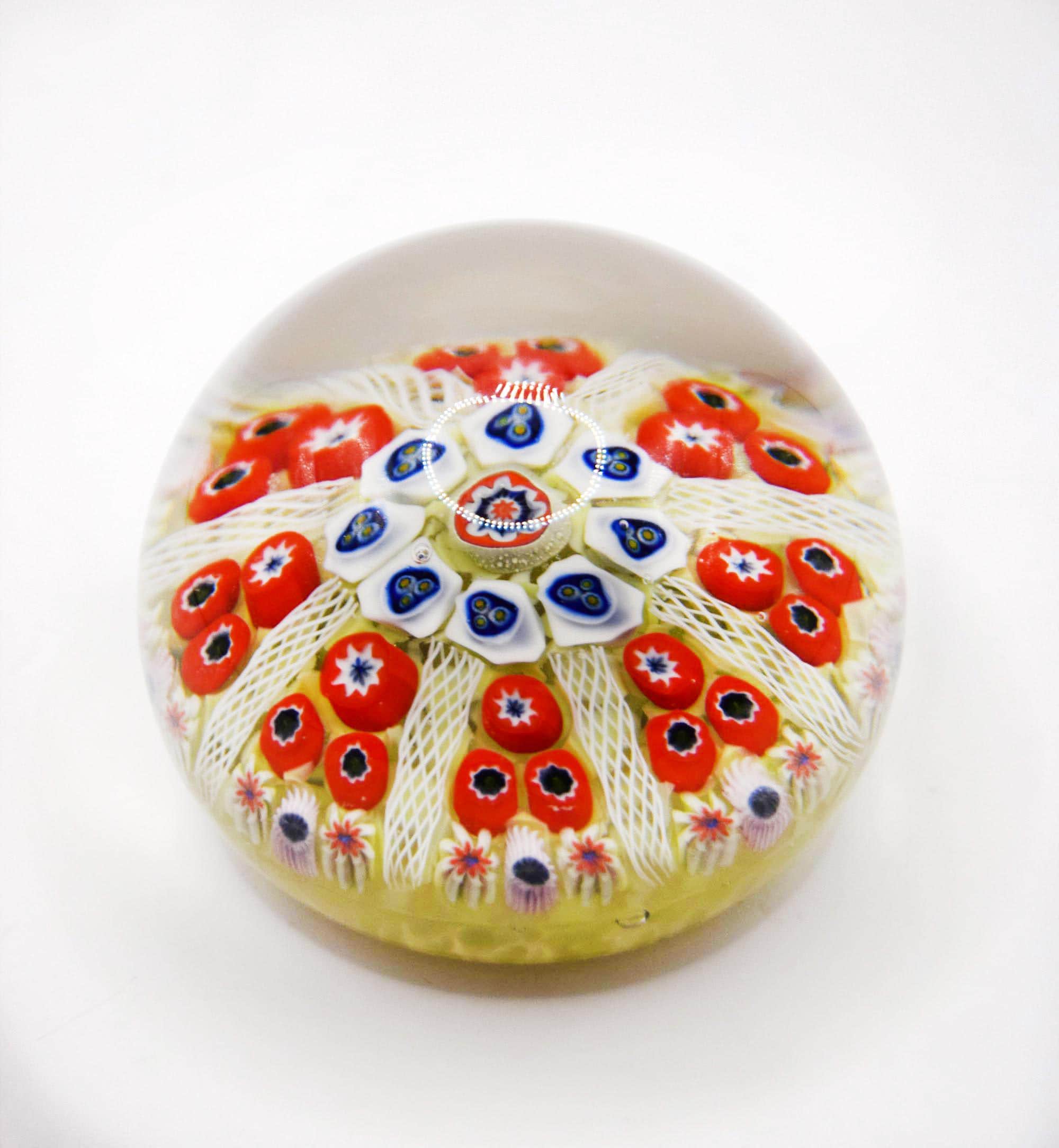 Scottish Strathearn Millefiori 8 Spoke Cartwheel Latticino Glass Paperweight c1970s