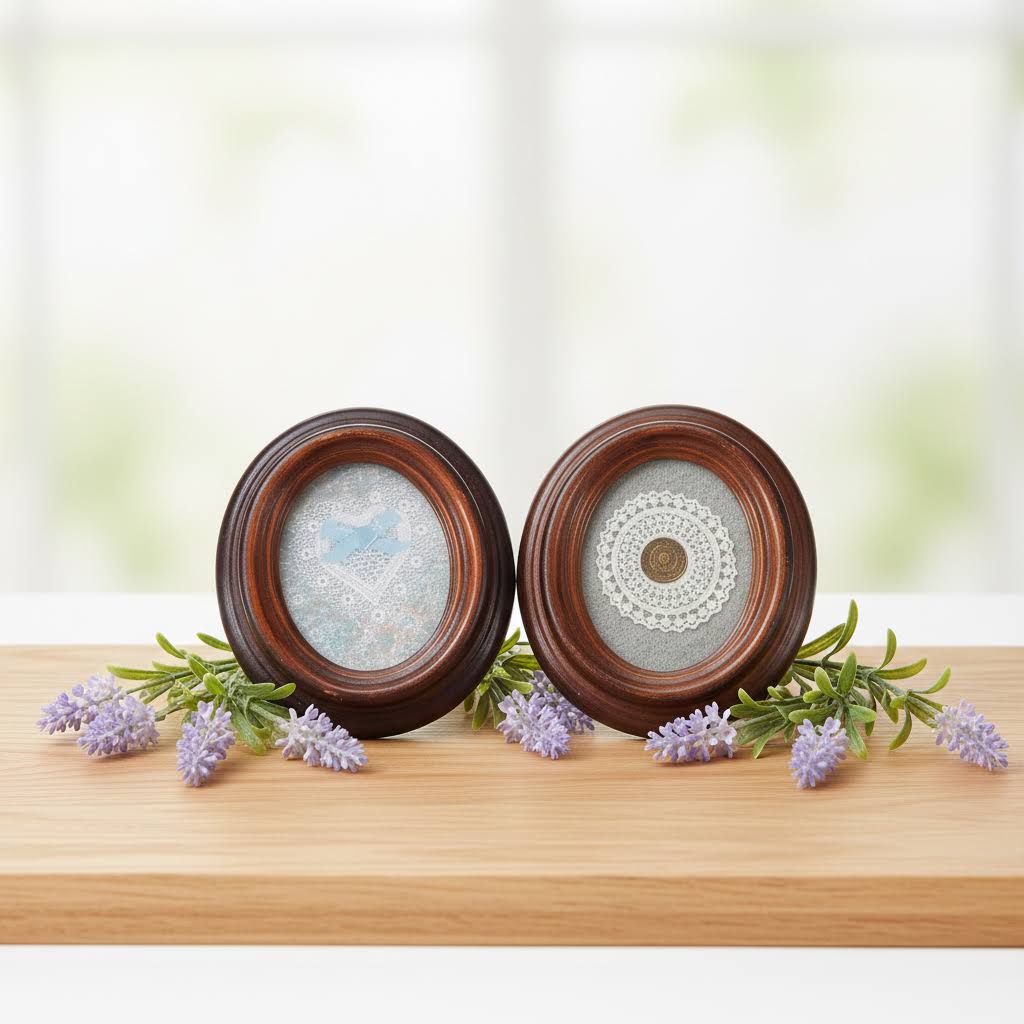 Two delicate lacework pictures in wooden frames