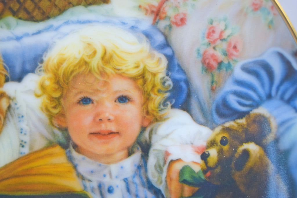 Illustration of a child with a teddy bear on a floral background