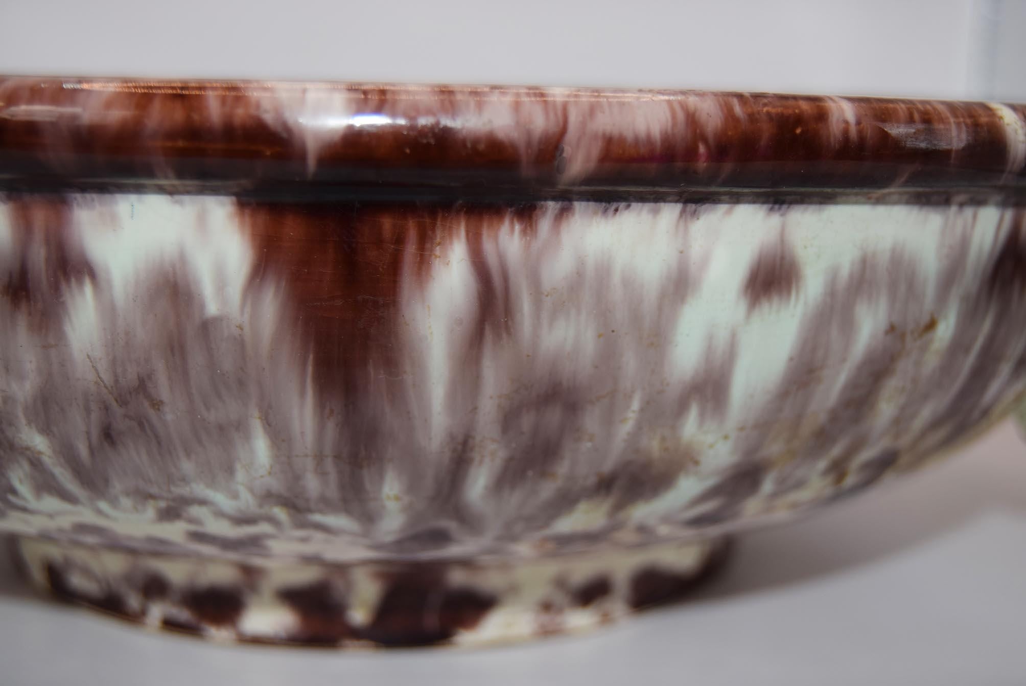 JASBA Keramik German Pottery Fruit Bowl - Brown & Aqua Drip Glaze with Applied Flowers c1950s
