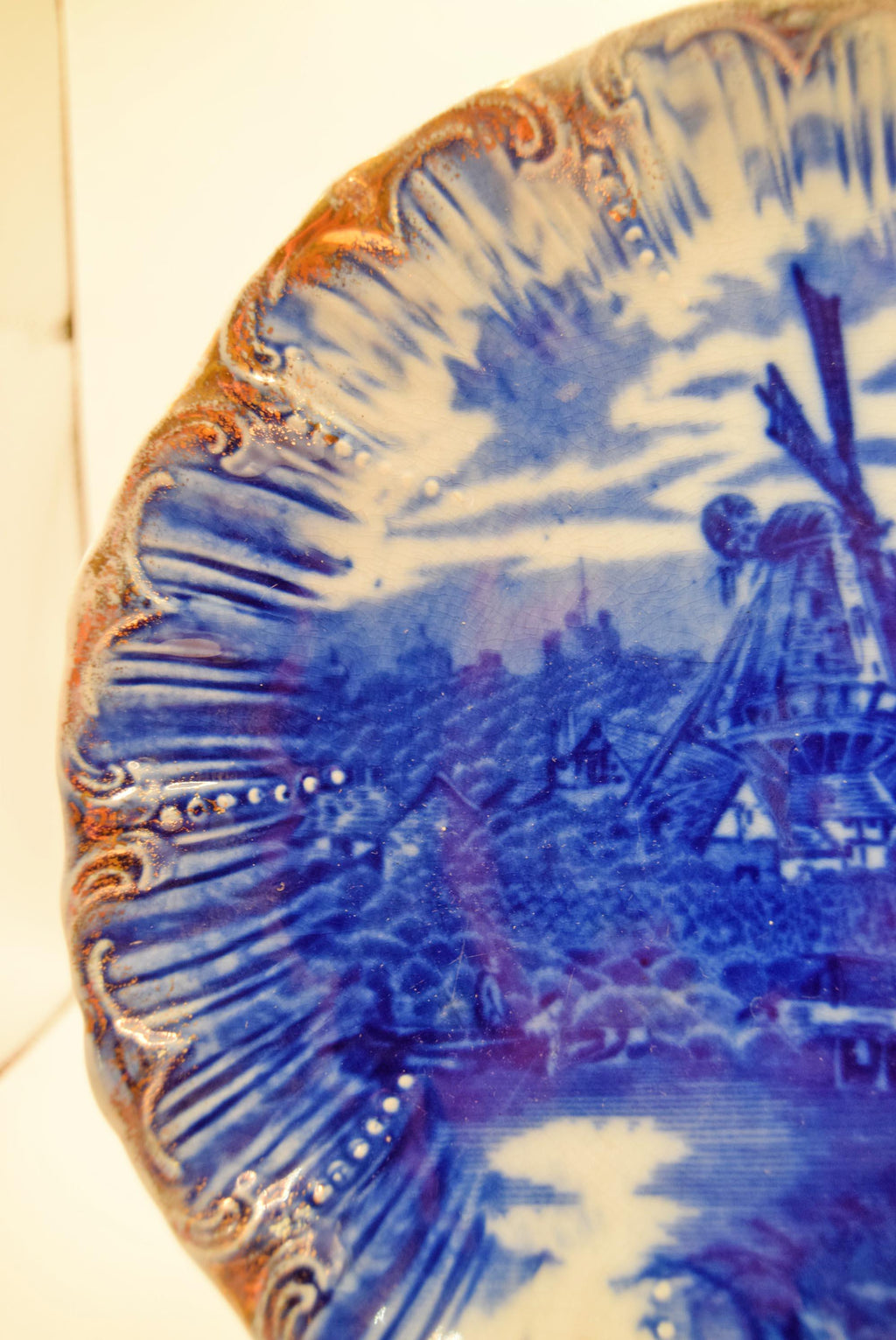 Antique Windmill Plate - Victorian English Transferware Dish - Flow Blue design