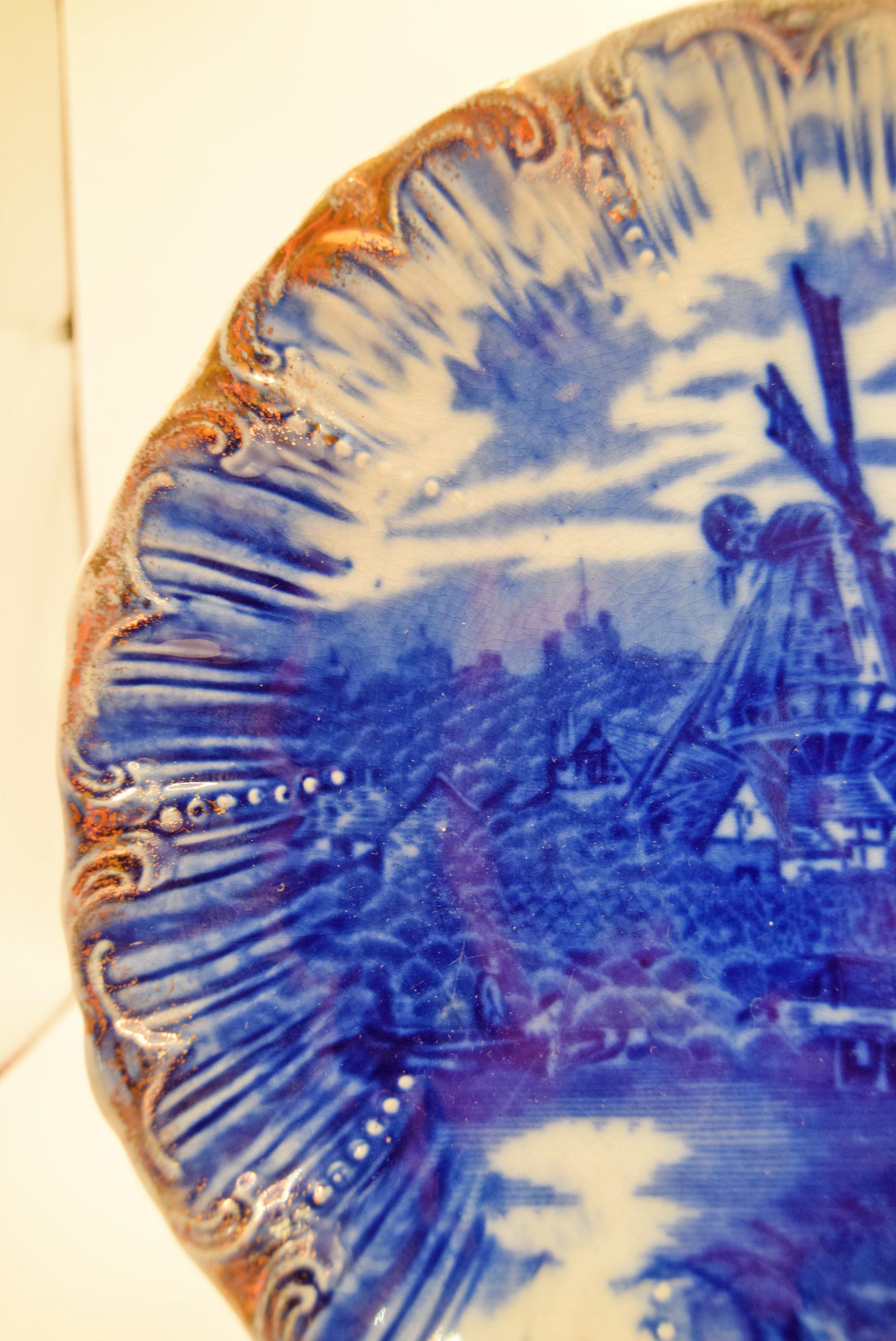 Antique Windmill Plate - Victorian English Transferware Dish - Flow Blue design