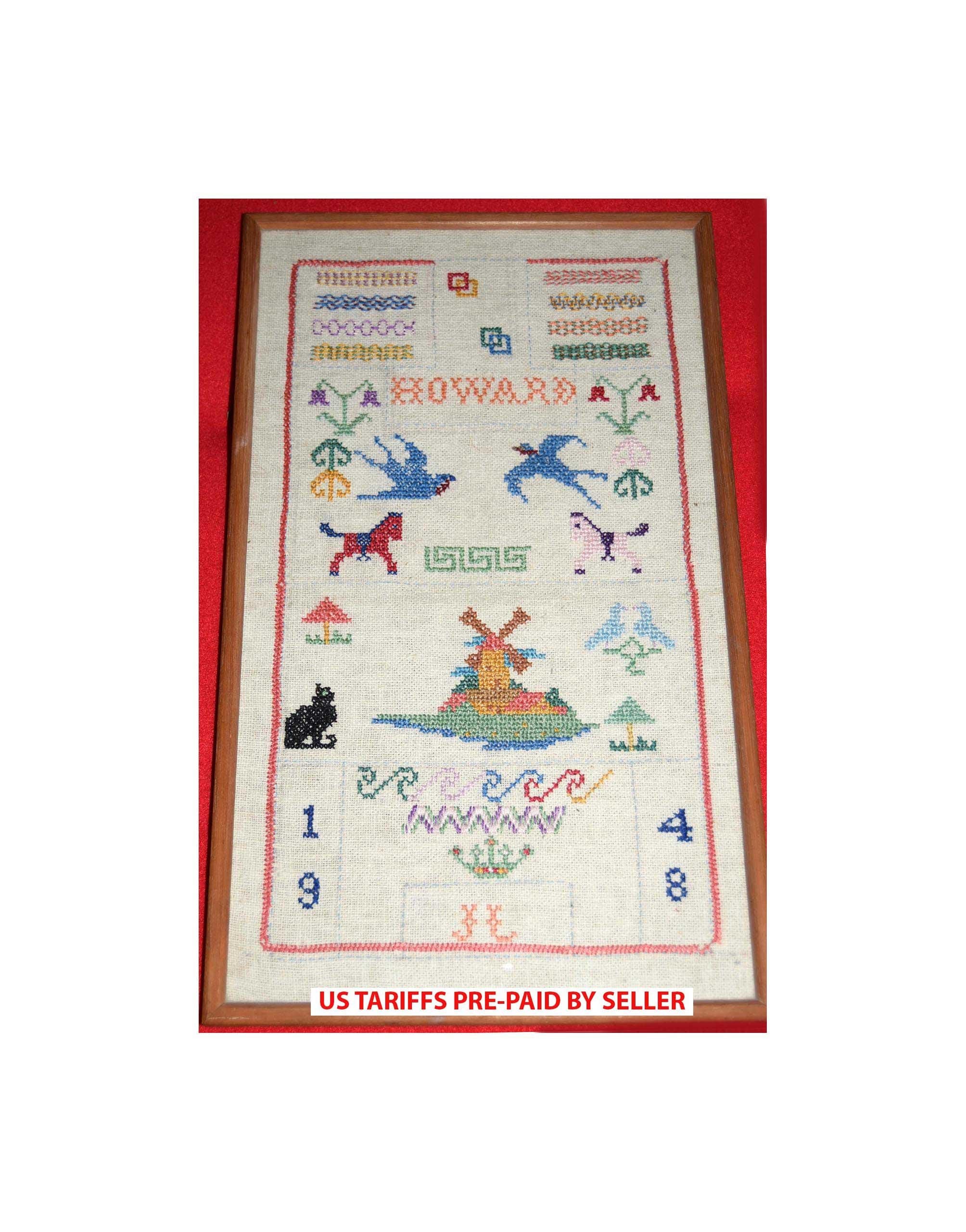 Antique 1948 Cross Stitch Embroidery Framed Sampler