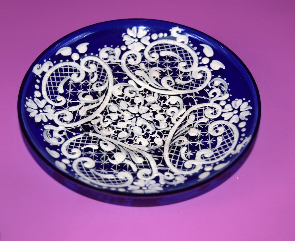 Vintage Murano Glass Cup and Saucer: Cobalt Blue & Ivory Lace, c1960s