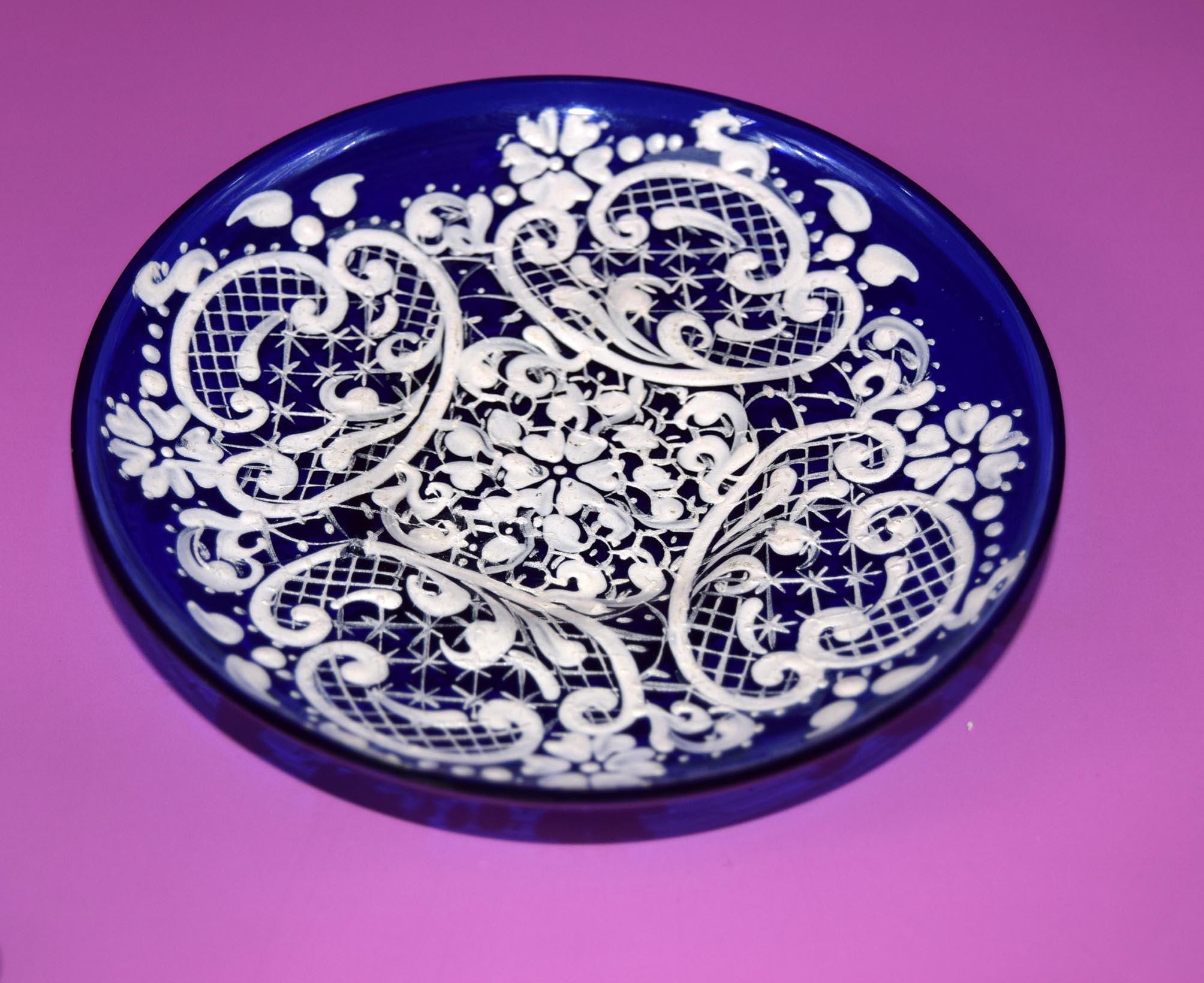 Vintage Murano Glass Cup and Saucer: Cobalt Blue & Ivory Lace, c1960s