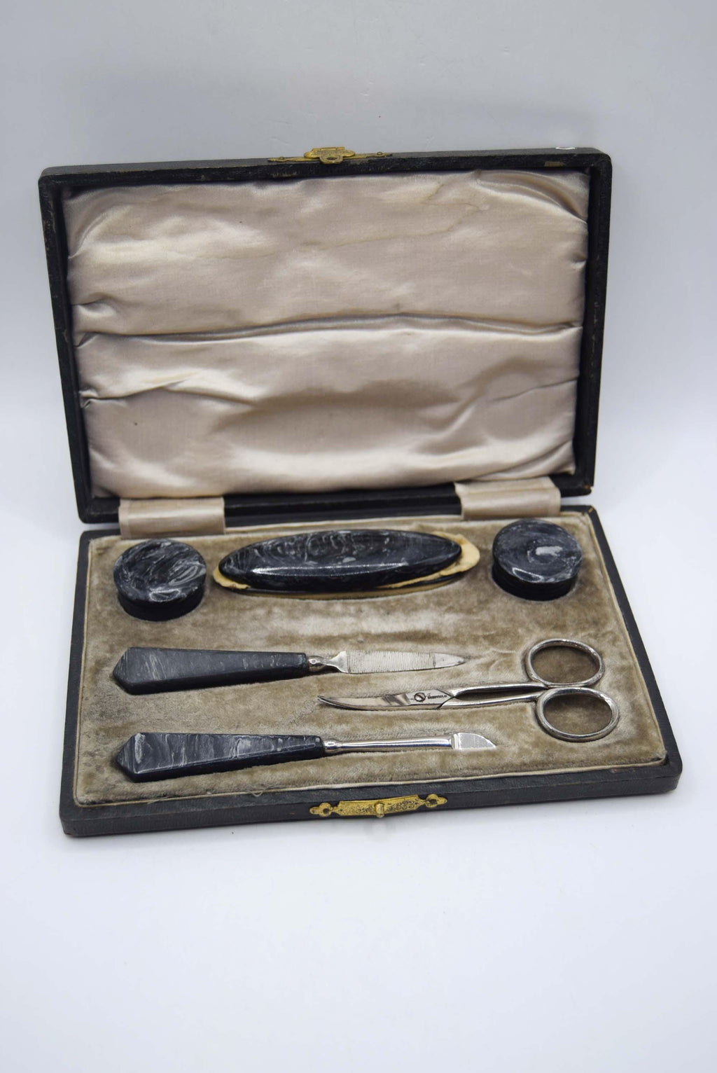 Vintage Art Deco Manicure Set, Complete 1930s Swirl Celluloid in Original Box