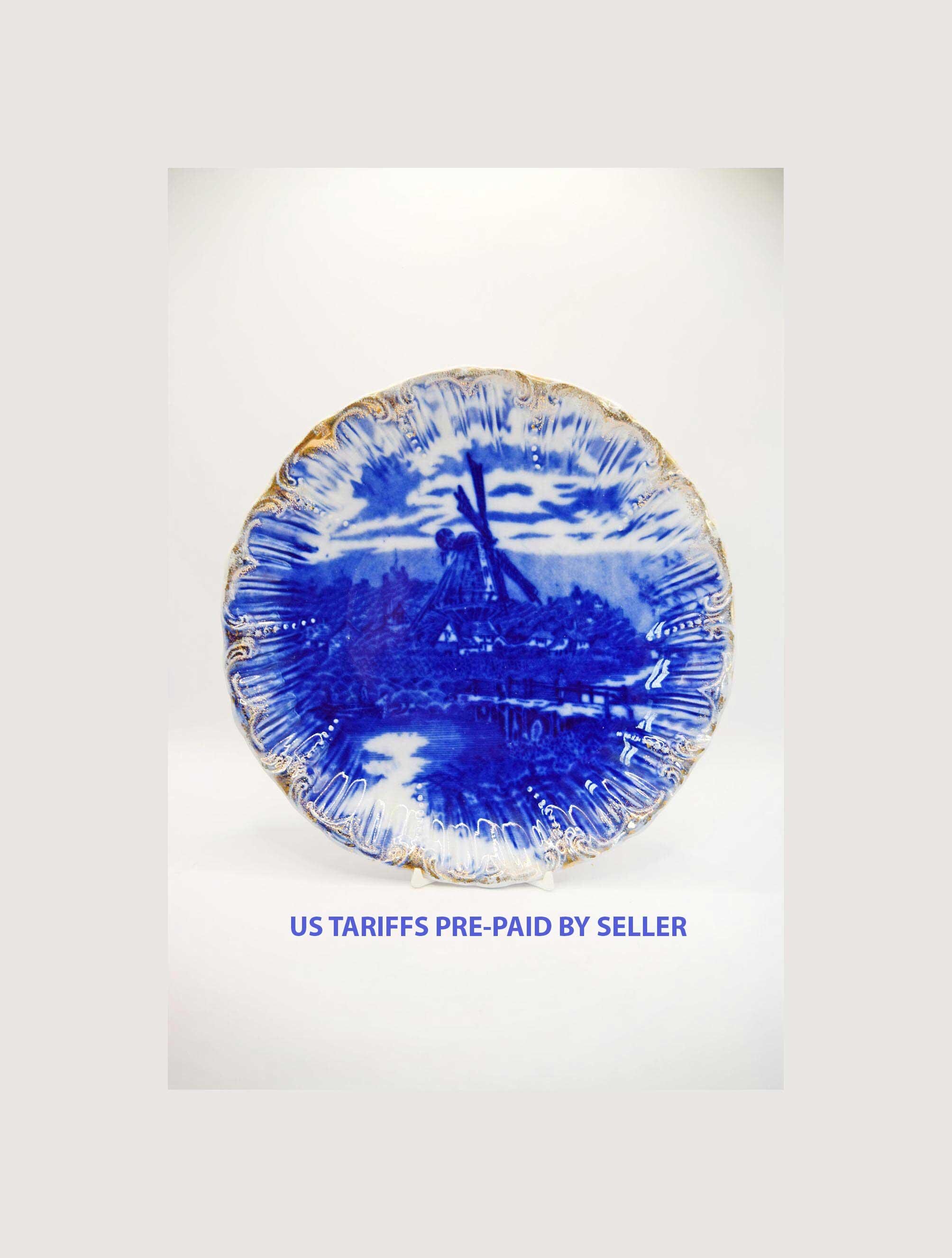 Antique Windmill Plate - Victorian English Transferware Dish - Flow Blue design