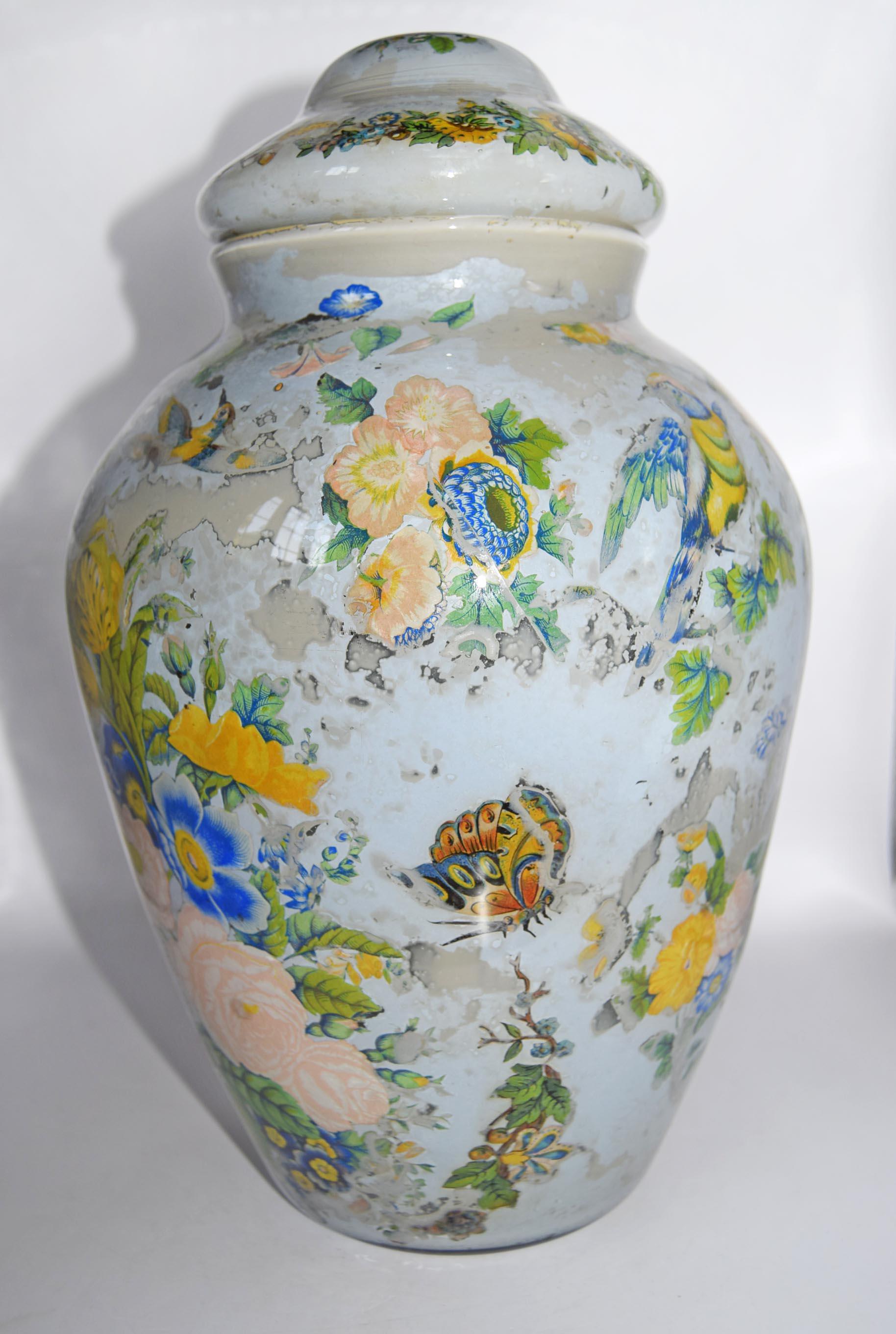Large Antique Reverse Decalcomania Glass Vase Jar With Lid - Mid 19th Century - RARE FIND