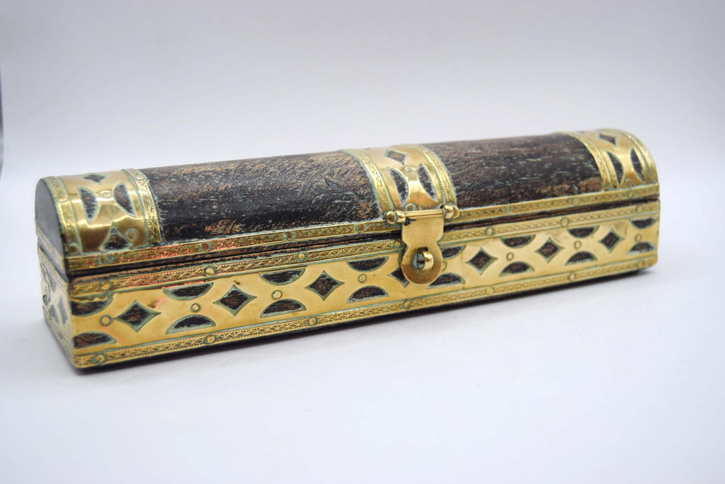 Vintage Wood & Brass Small Pencil Box Original Hand Crafted Trinket Jewelry Box
