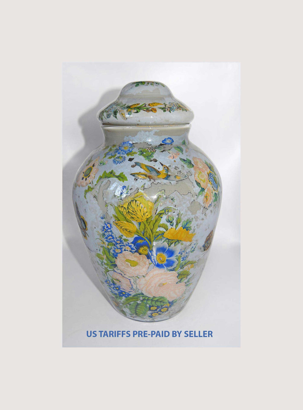 Large Antique Reverse Decalcomania Glass Vase Jar With Lid - Mid 19th Century - RARE FIND
