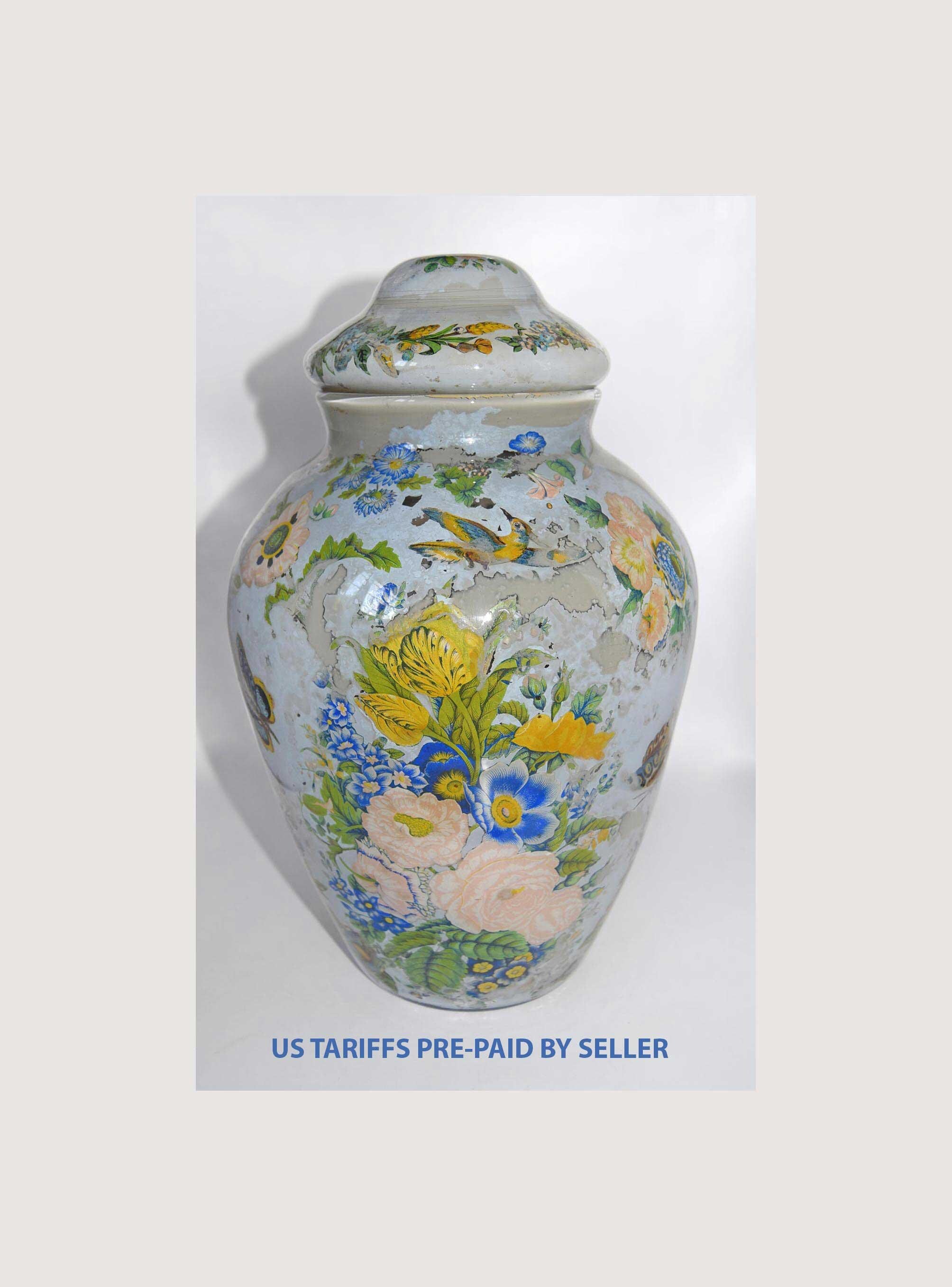 Large Antique Reverse Decalcomania Glass Vase Jar With Lid - Mid 19th Century - RARE FIND