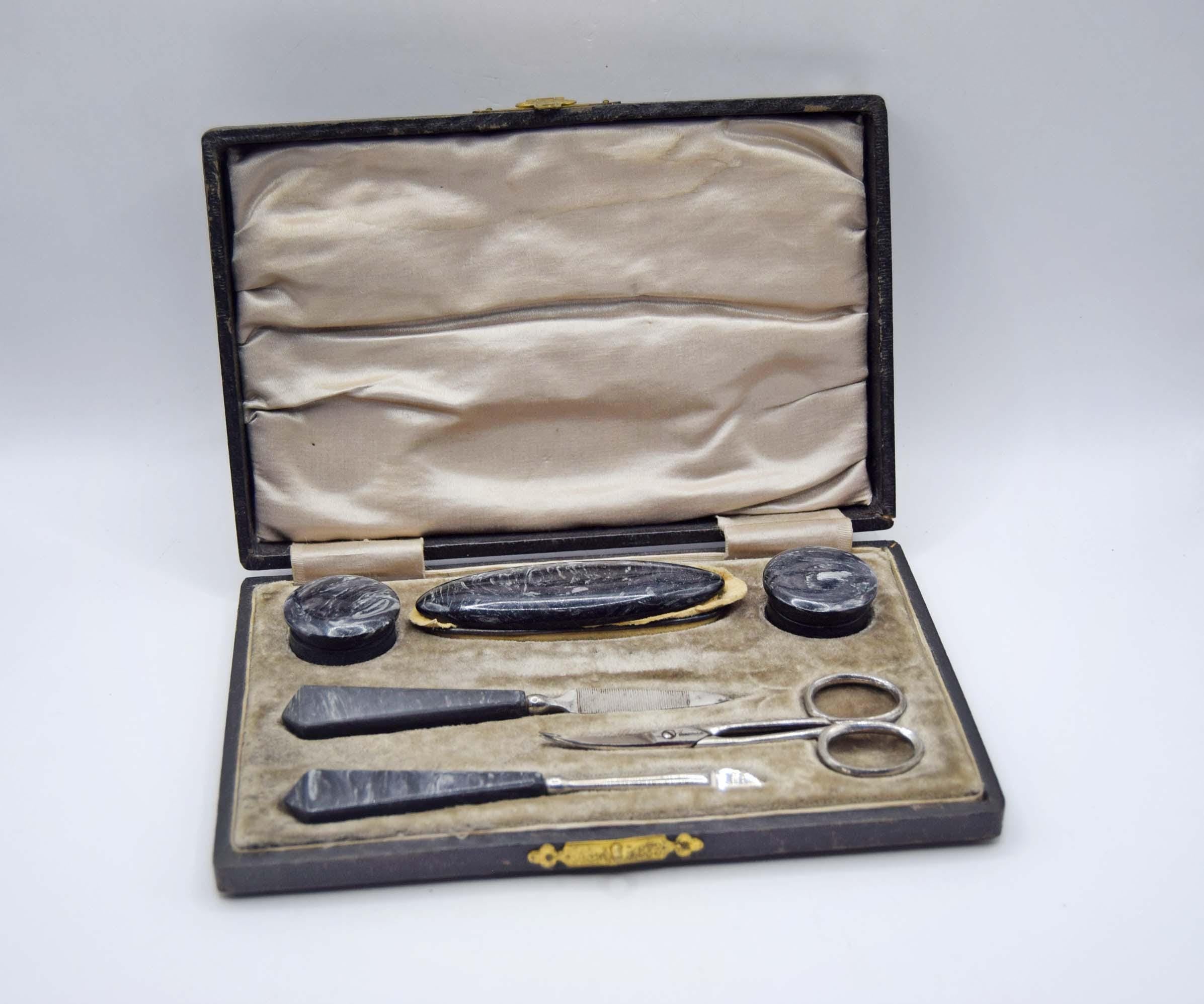 Vintage Art Deco Manicure Set, Complete 1930s Swirl Celluloid in Original Box