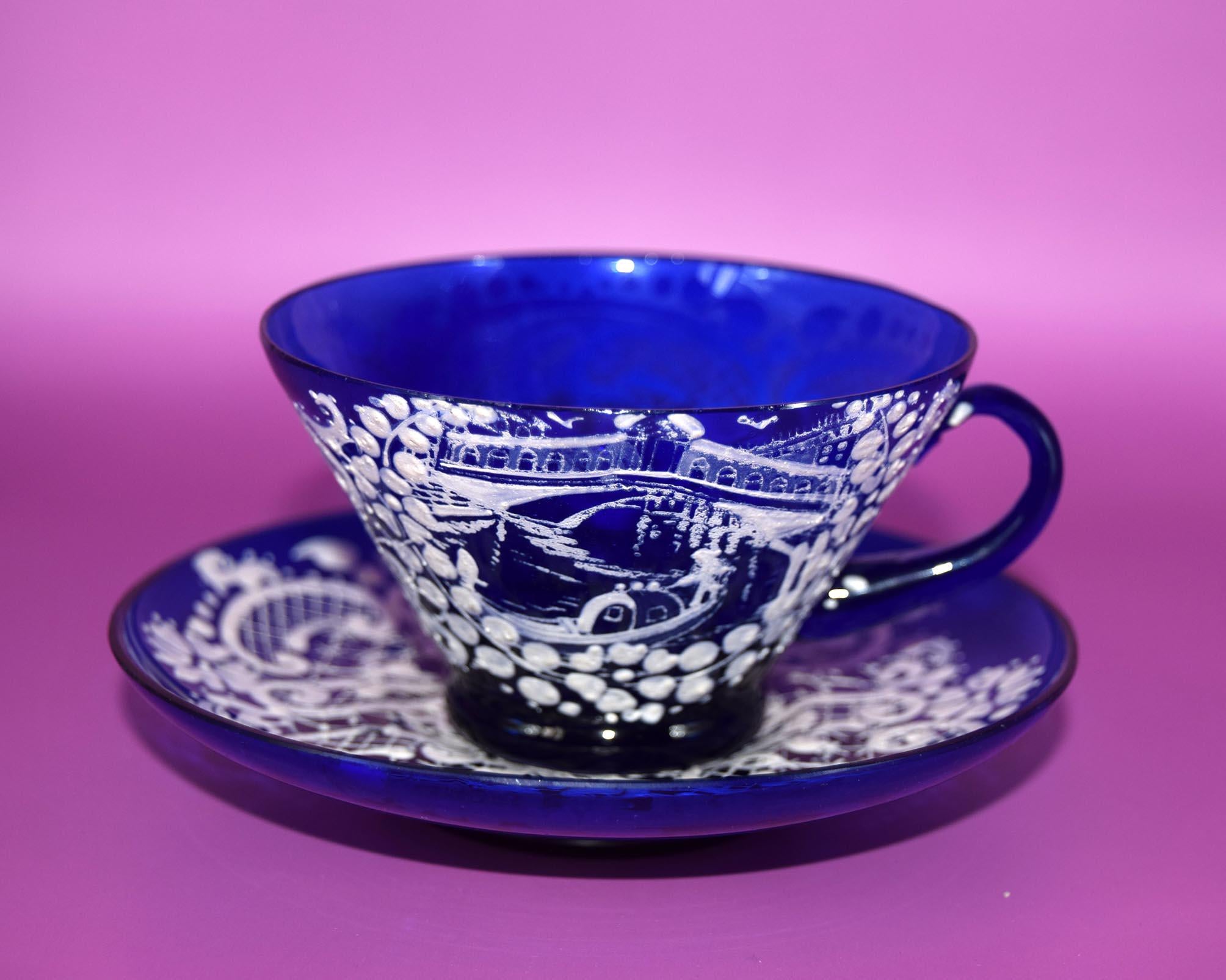 Vintage Murano Glass Cup and Saucer: Cobalt Blue & Ivory Lace, c1960s