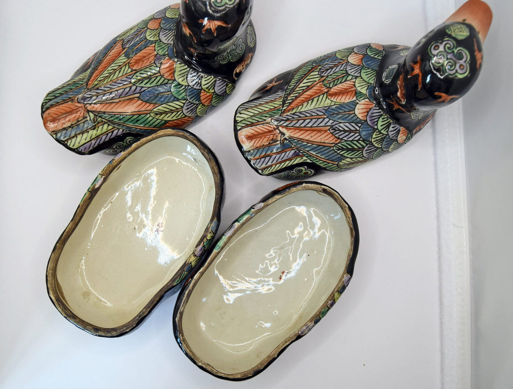 Pair Of Antique Handpainted Ceramic Duck Trinket Boxes