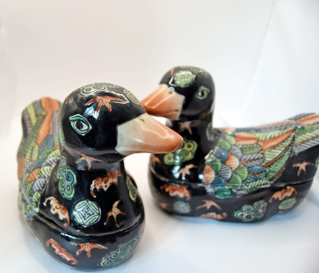 Pair Of Antique Handpainted Ceramic Duck Trinket Boxes