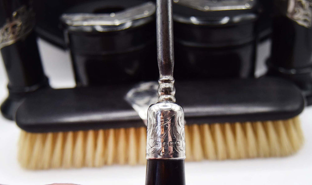 Antique Victorian Ebony and Hallmarked Silver Dressing Table Vanity Set - c1890s