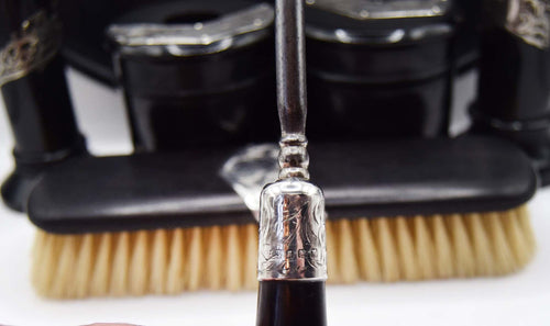 Antique Victorian Ebony and Hallmarked Silver Dressing Table Vanity Set - c1890s