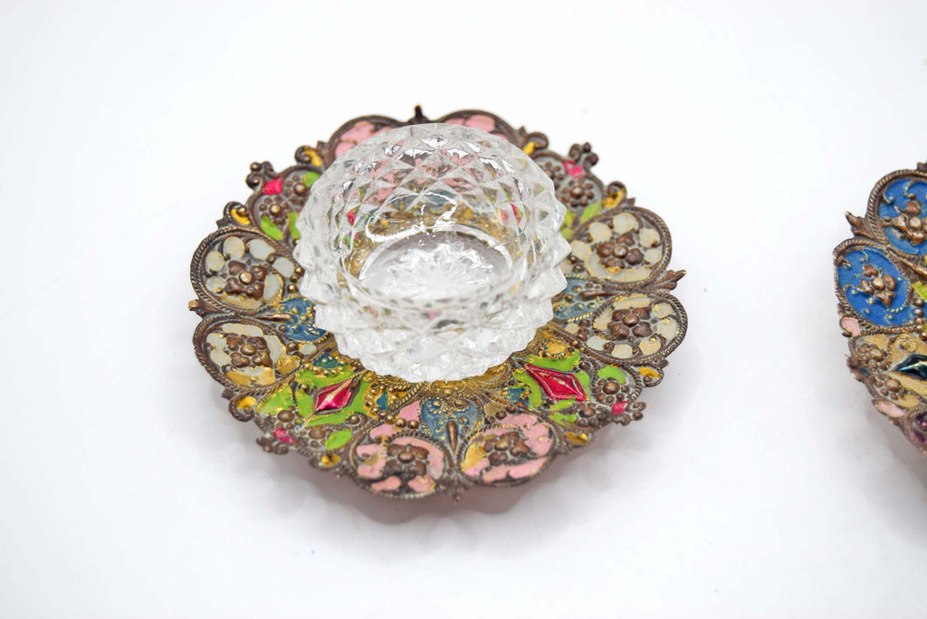 Antique French Salt Cellars â€“ Stamped Metal, Hand-Painted Enamel, Diamond Glass Liners c1880s