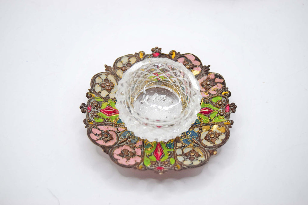 Antique French Salt Cellars â€“ Stamped Metal, Hand-Painted Enamel, Diamond Glass Liners c1880s
