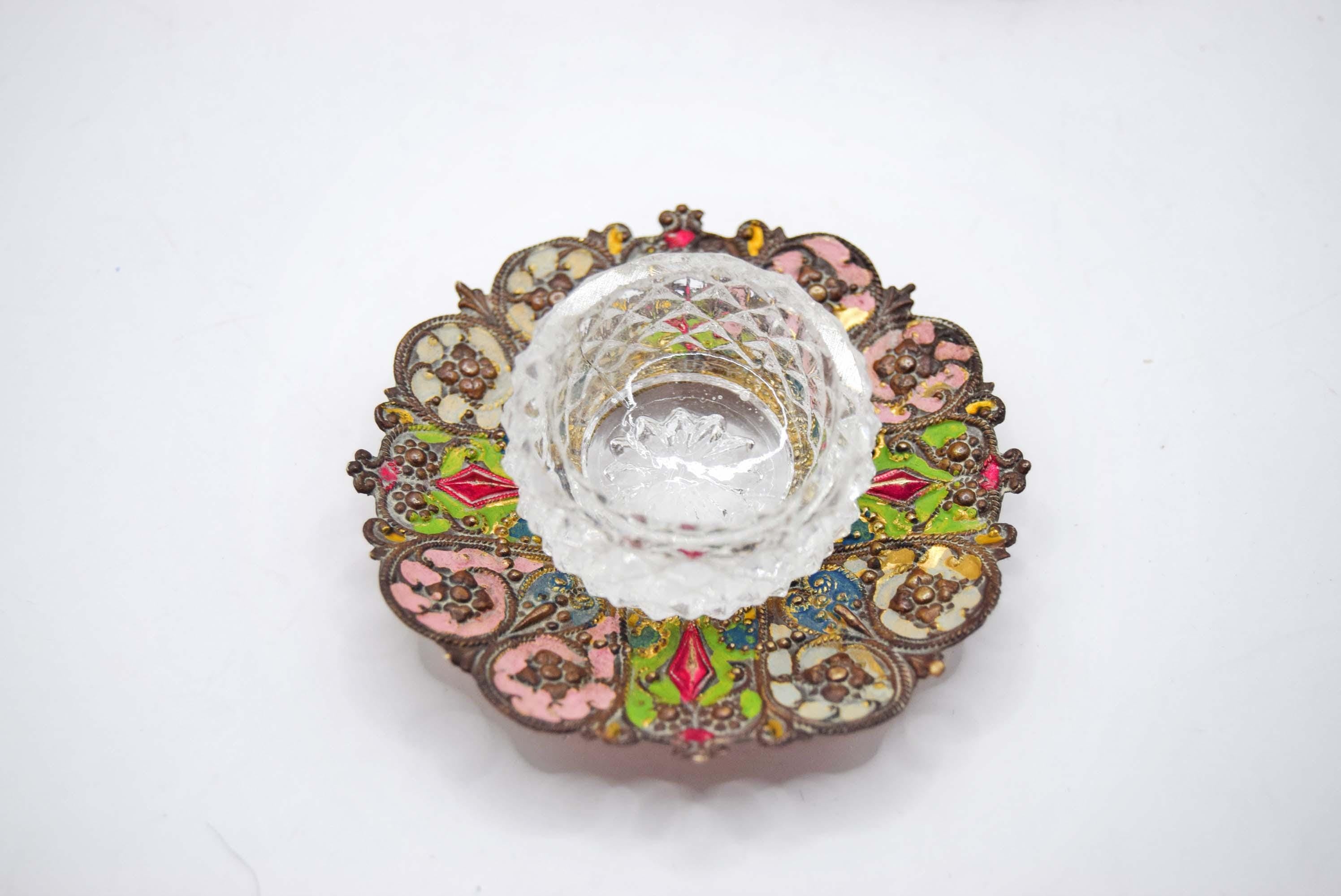 Antique French Salt Cellars â€“ Stamped Metal, Hand-Painted Enamel, Diamond Glass Liners c1880s