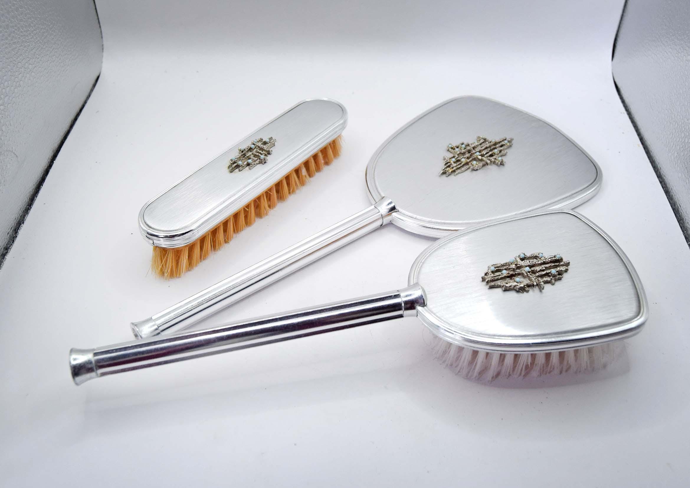 Vintage Silver Vanity Set Turquoise Beaded Mirror & Brushes