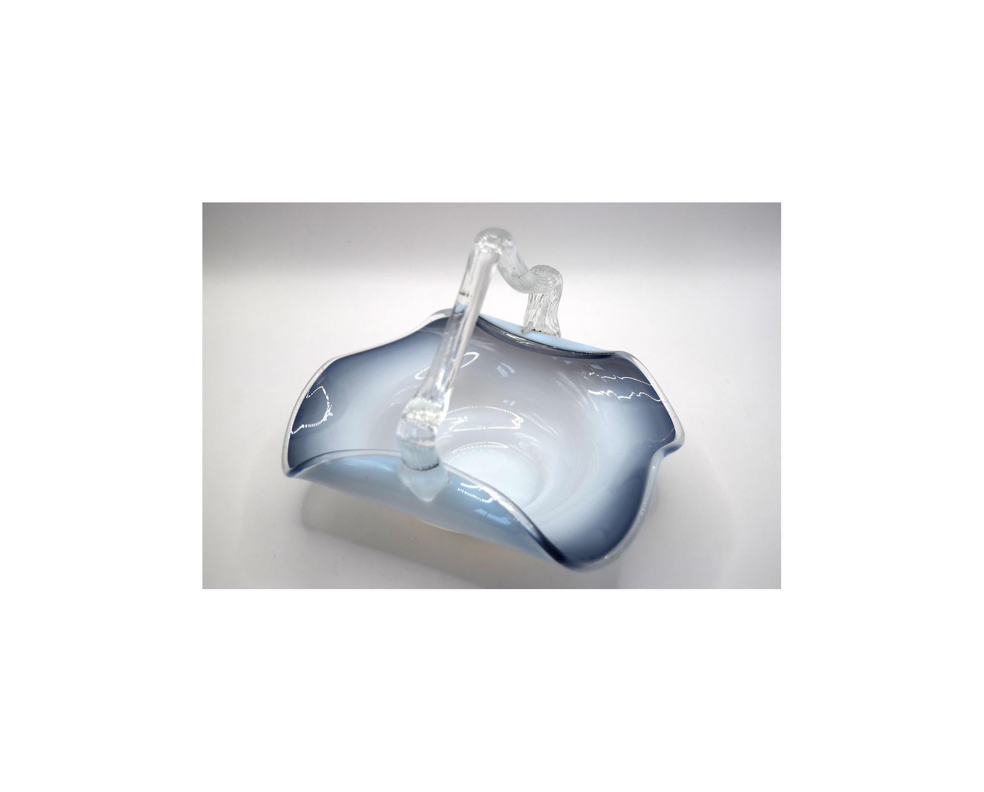 Vintage Czech Art Glass Smoked Blue Basket Lovely condition. Hand blown glass basket graduating from milk to indigo blue glass. 