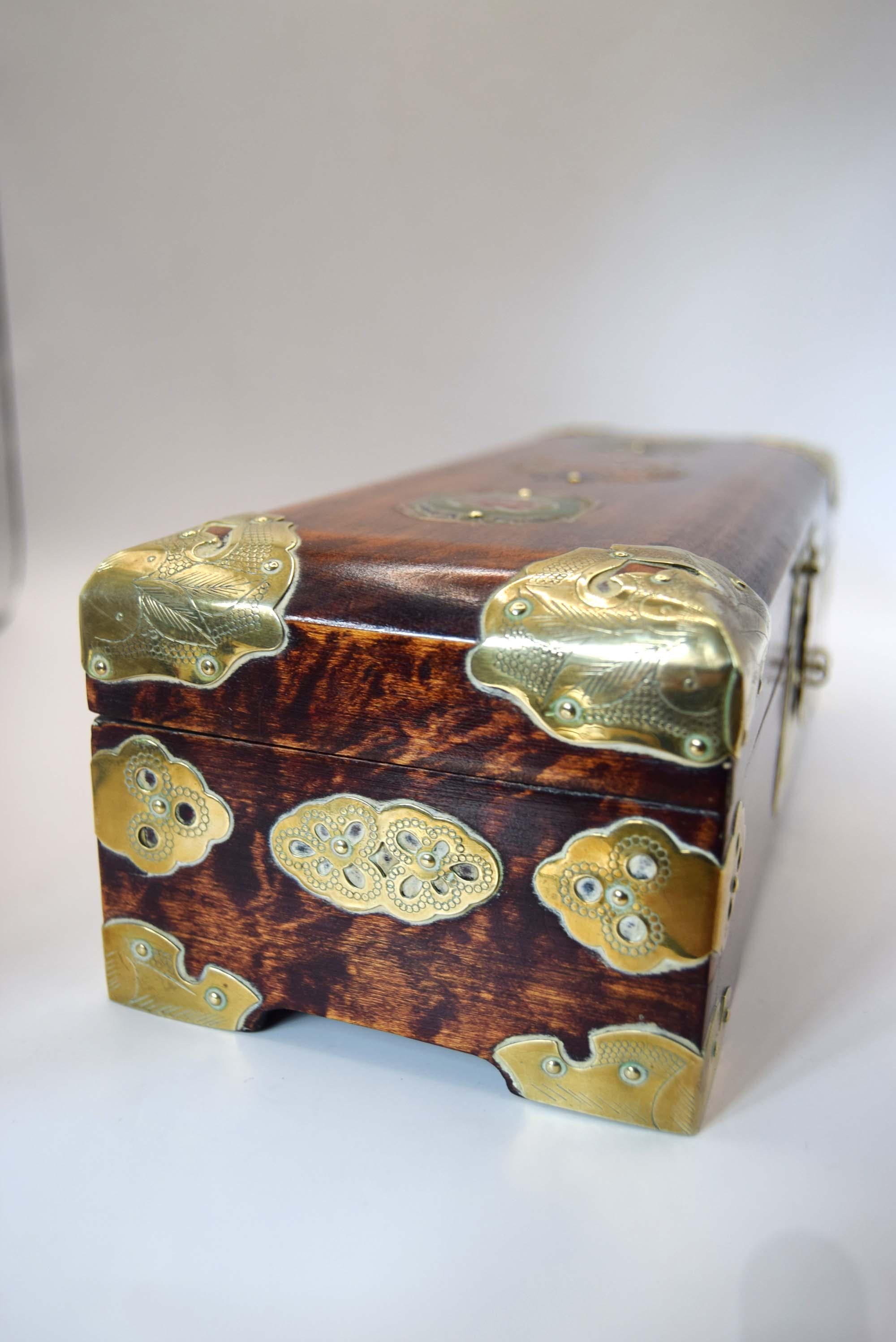 Oriental Rosewood Jewelry Box | Brass & Enamel | Silk Lined | Mid Century c1950s