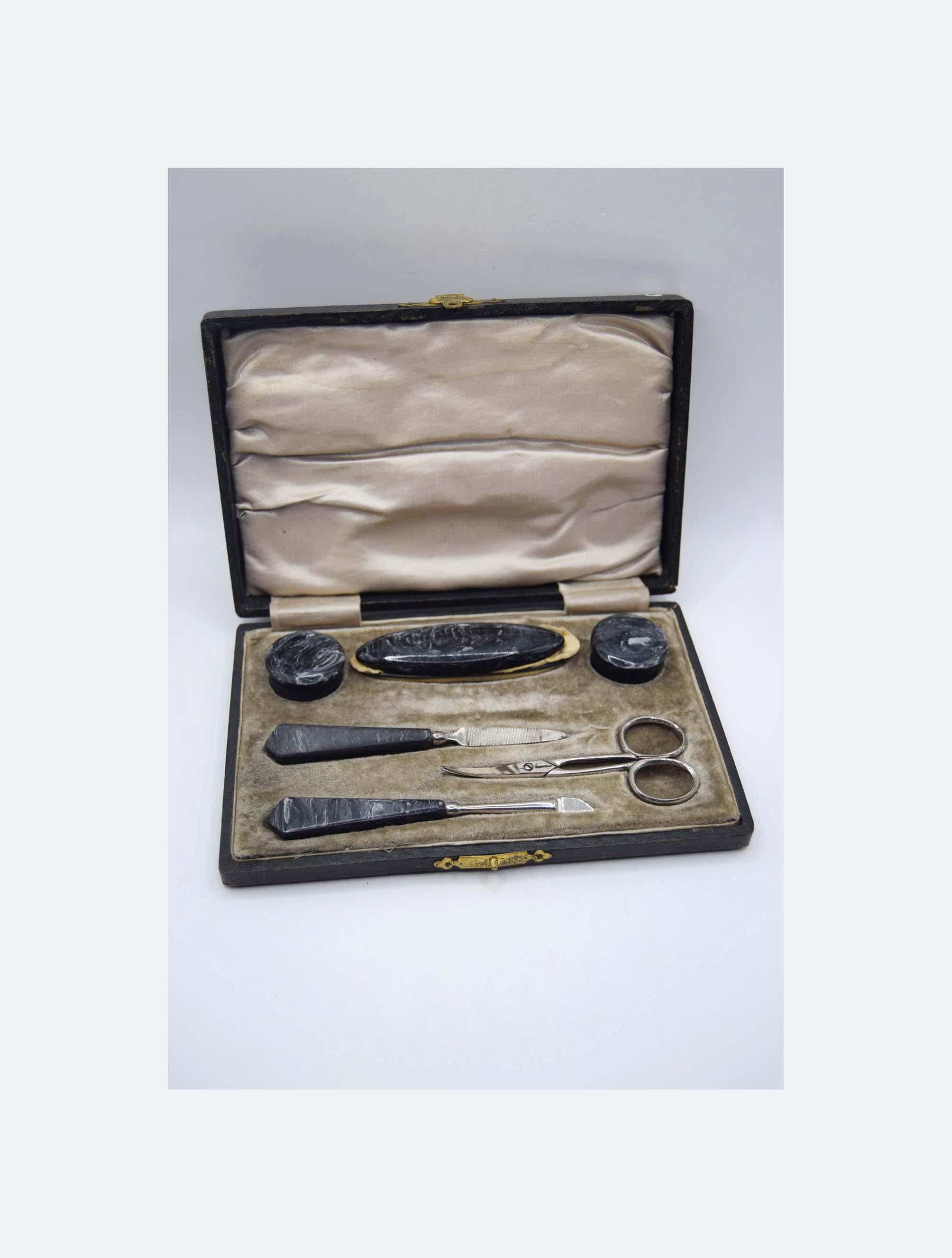 Vintage Art Deco Manicure Set, Complete 1930s Swirl Celluloid in Original Box