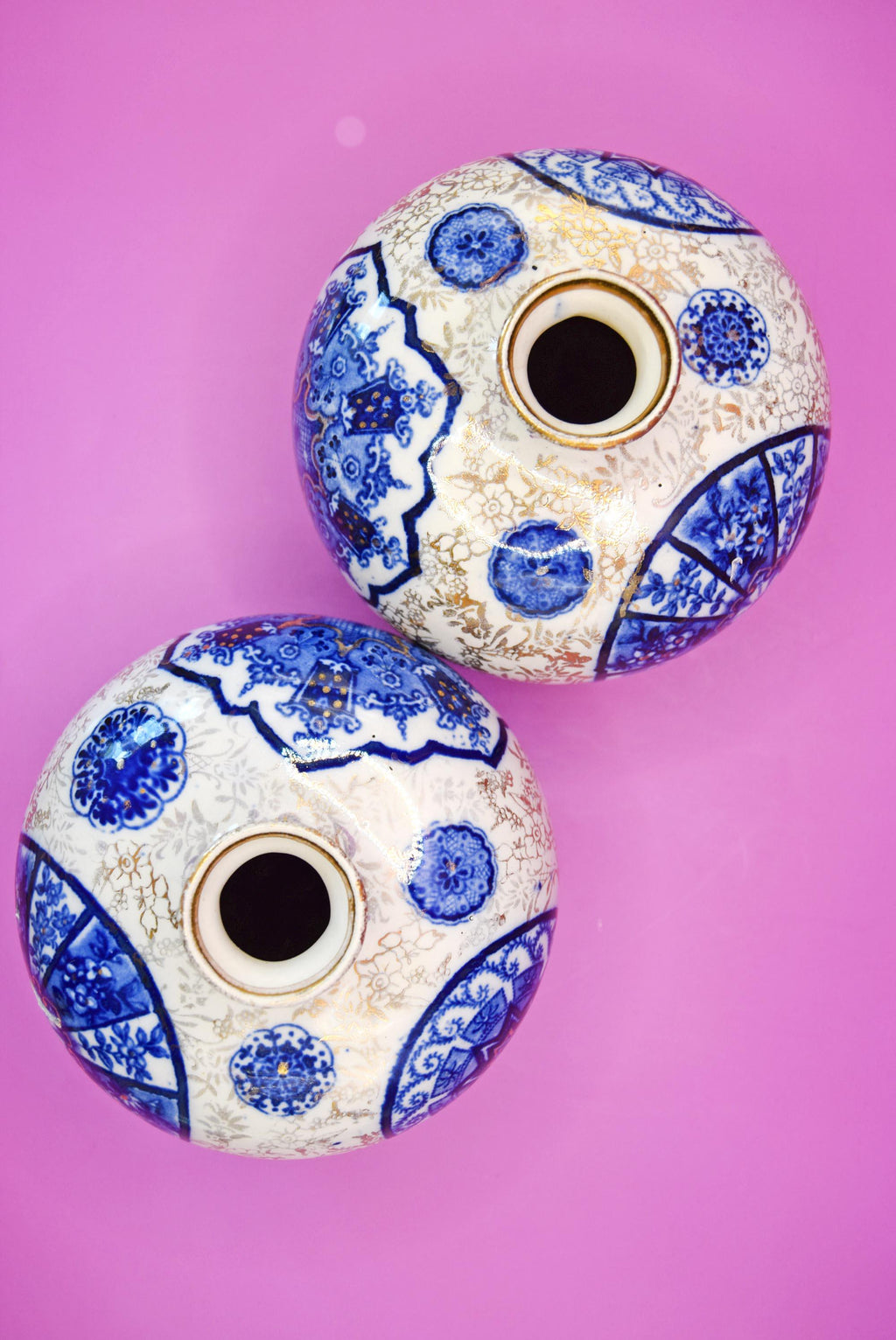 2 x Antique Fenton Osaka Blue & White Guilded Globe Vases c1910s