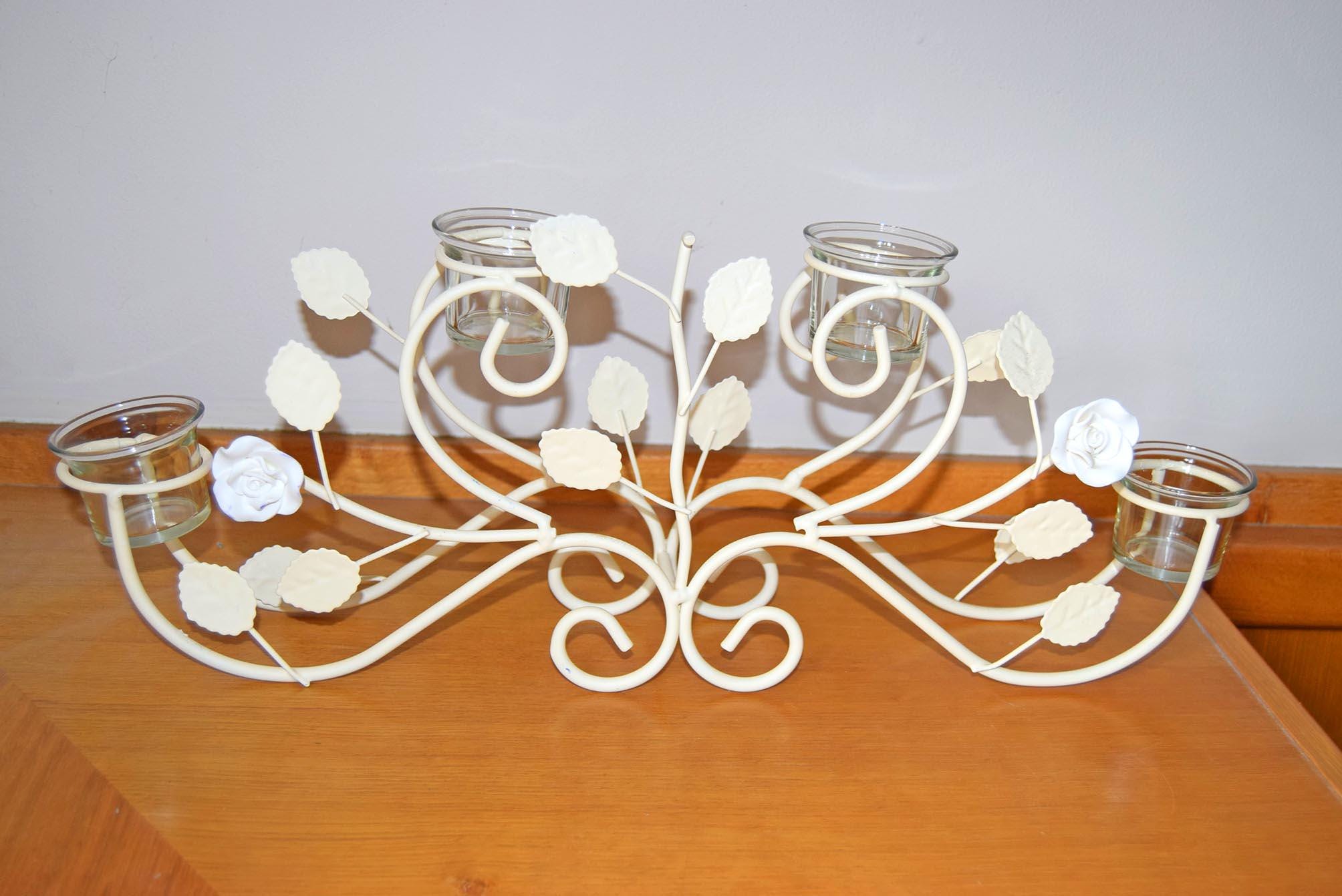 Ivory & White Vintage French Country Rustic Metal Candelabra | Leaves and Flowers