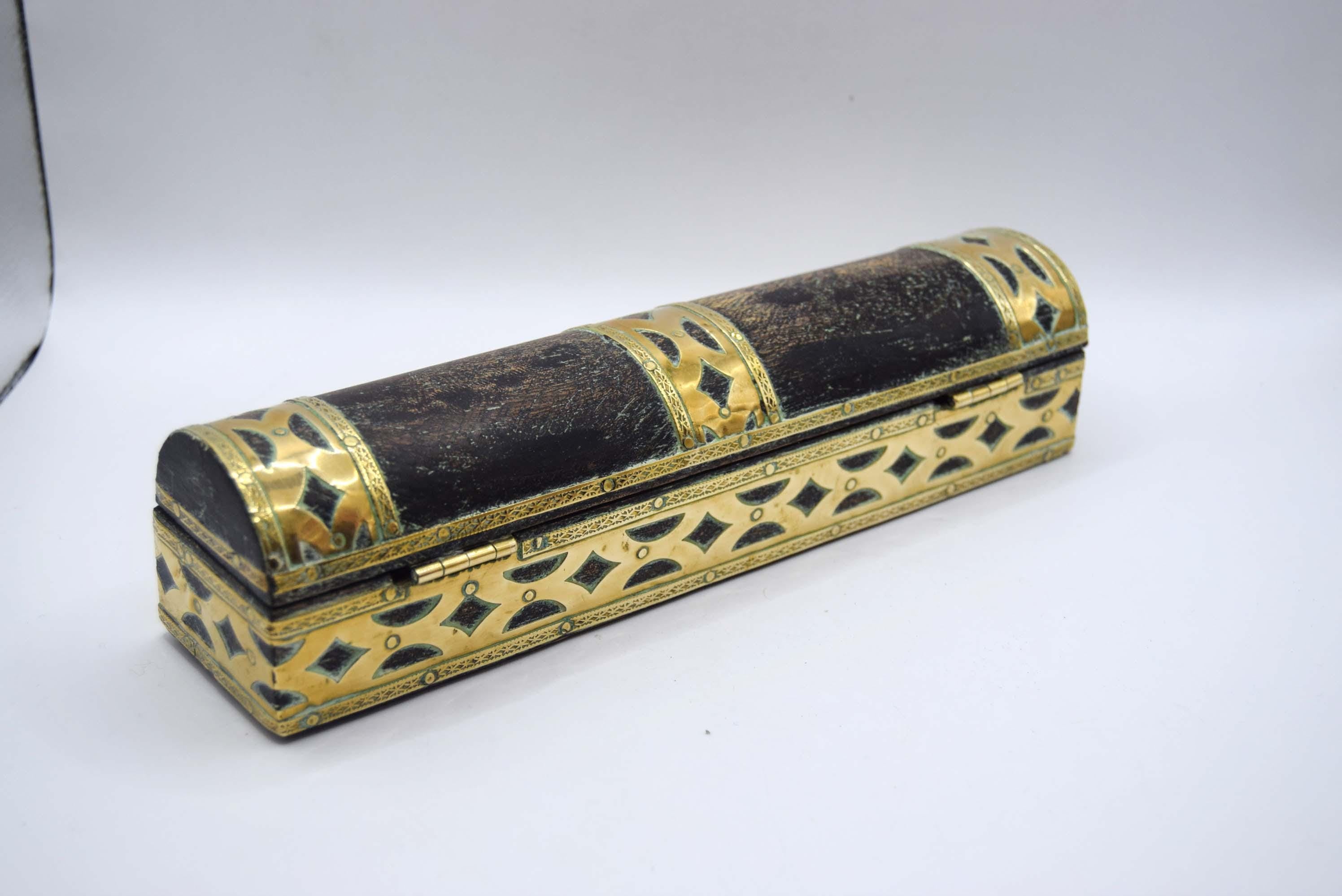 Vintage Wood & Brass Small Pencil Box Original Hand Crafted Trinket Jewelry Box
