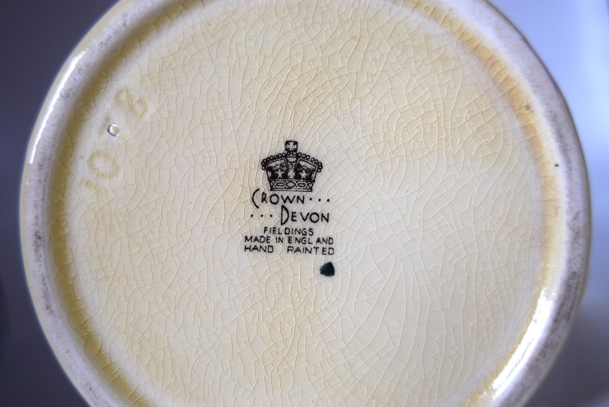 Crown Devon logo on a ceramic plate with a plain background 