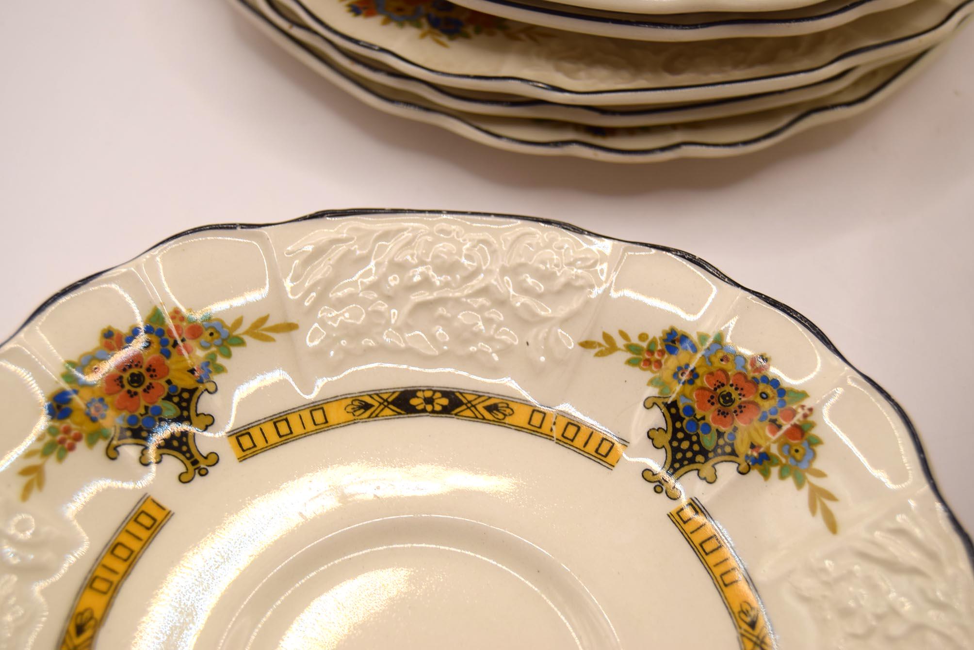 Rare MYOTT, SON & Co Art Nouveau Floral Bouquet Plates, Saucers and Bowl   F3024