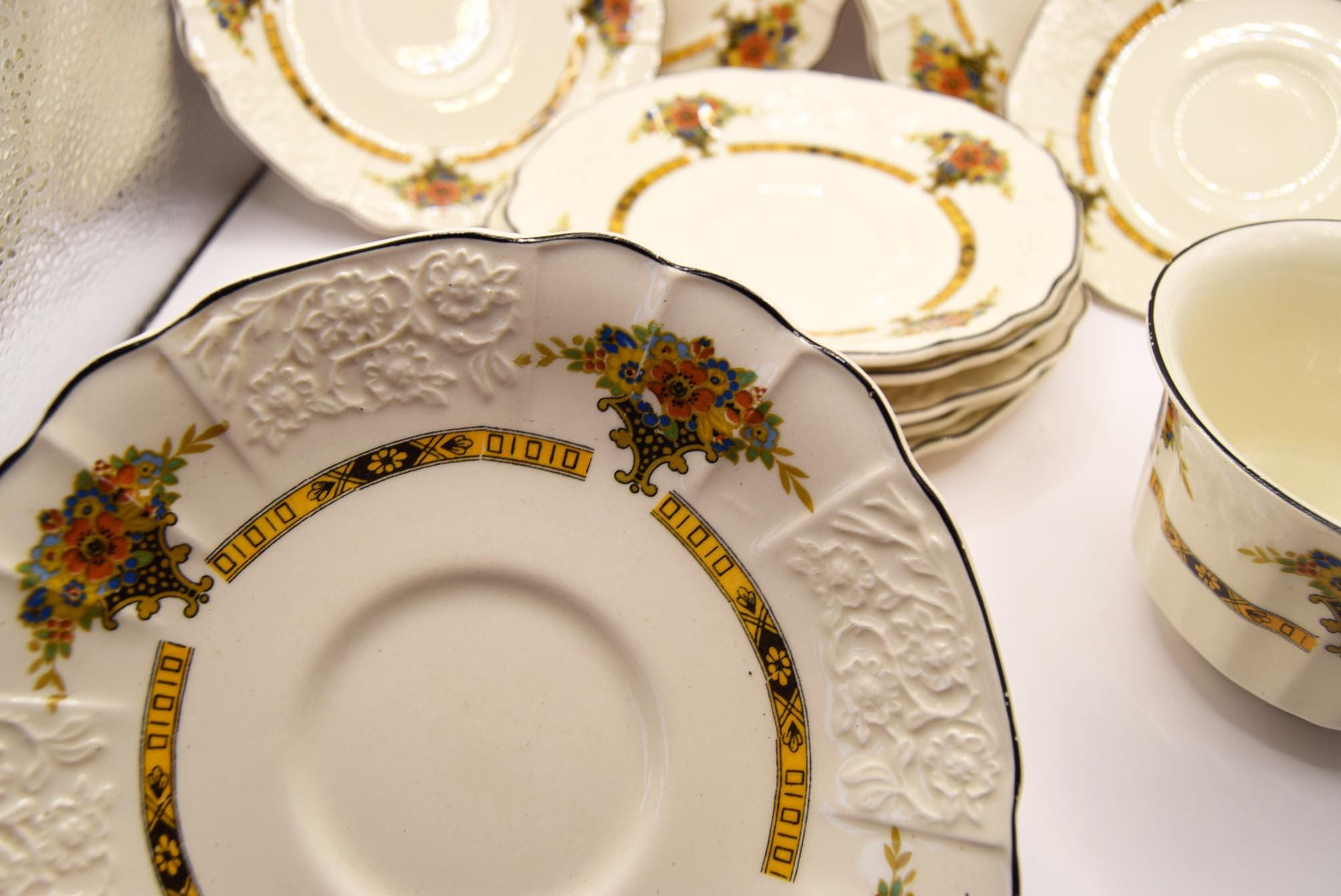 Rare MYOTT, SON & Co Art Nouveau Floral Bouquet Plates, Saucers and Bowl   F3024