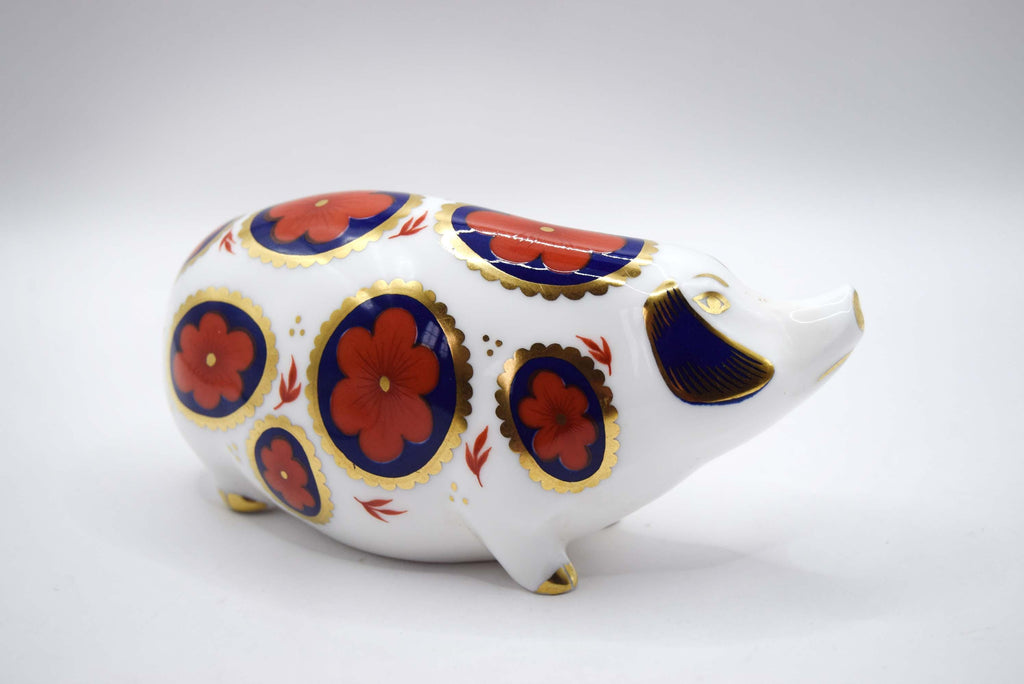 Royal Crown Derby Pig Paperweight, Vintage English Bone China, Old Imari, Mint