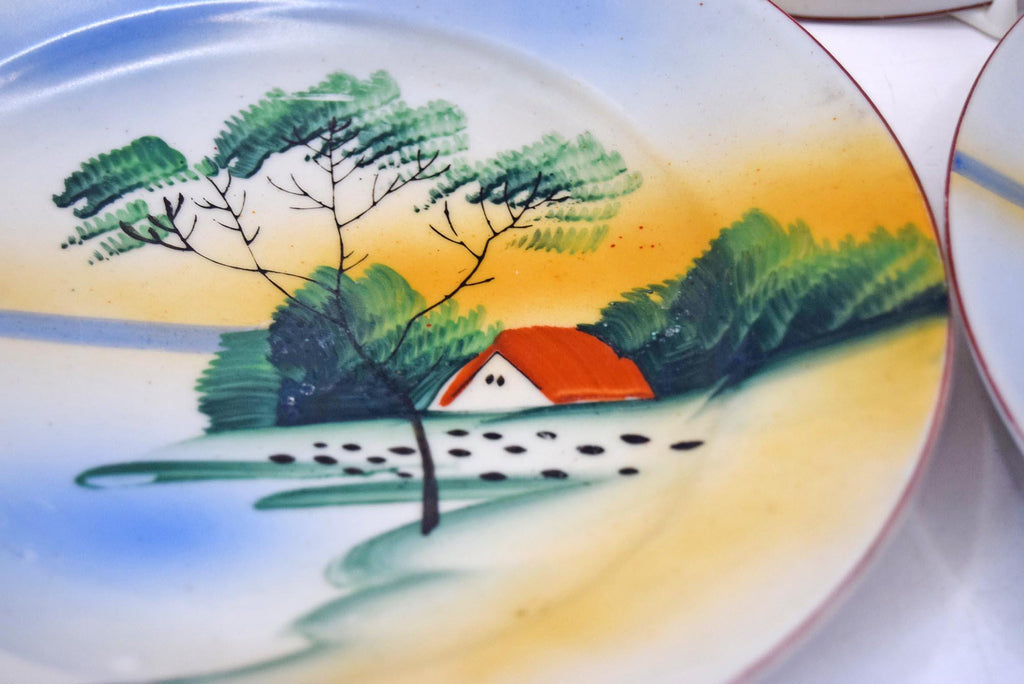 3 x Japanese Plates - House by the Lake - Tea Side Plate - Handpainted 7.25" diameter 1930s