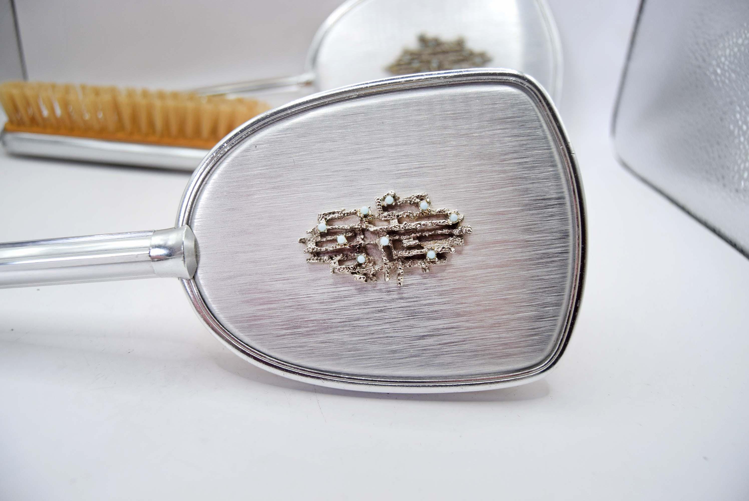 Vintage Silver Vanity Set Turquoise Beaded Mirror & Brushes