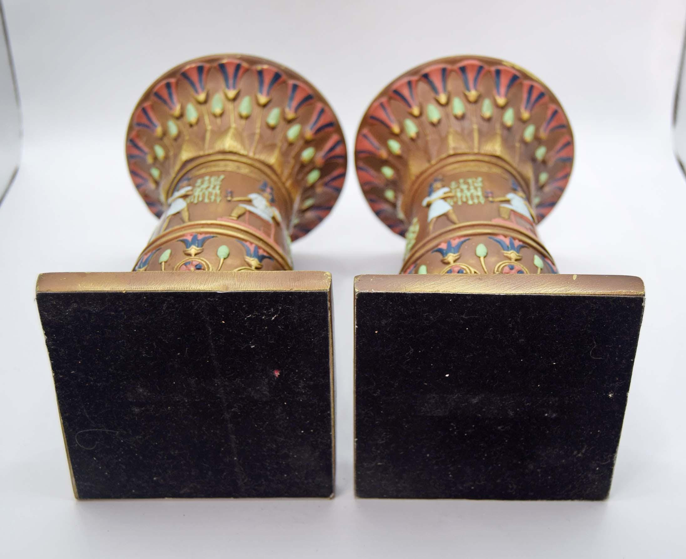 Pair of Veronese Pharoahese Cold Cast Resin Candleholders Pedestals Plantholders