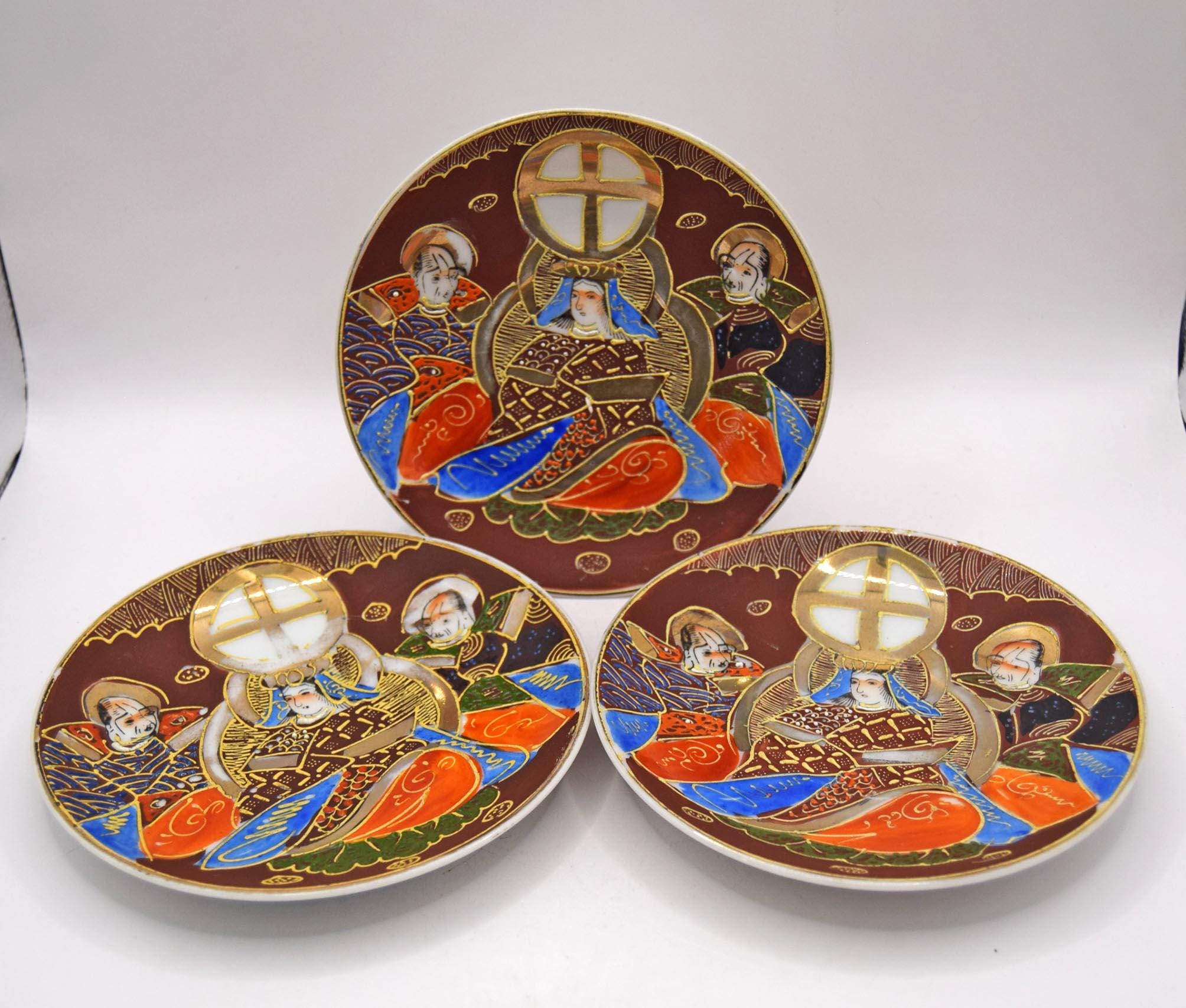 3 x Antique Japanese Satsuma Moriage Saucers 14cms - Taisho period 1940s
