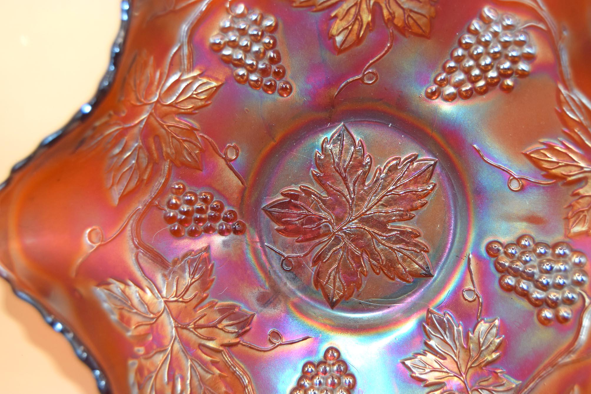 Pair of Fenton Grape Carnival Glass Fruit/Sweet Bowl Ruffled Iridescent c1930s