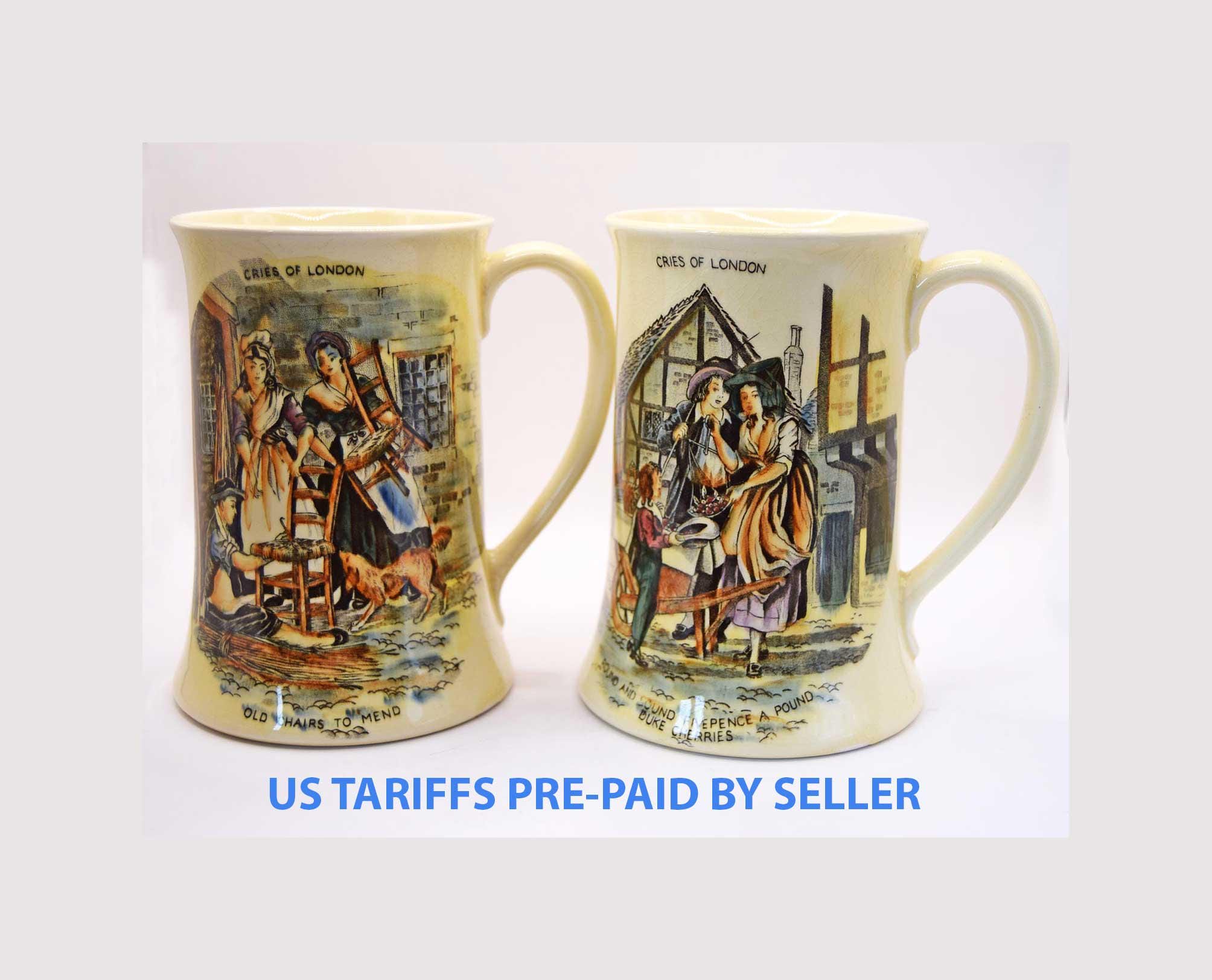 Pair of Rare Vintage 'Cries of London' by Crown Devon Fieldings Mugs Tankards  c1940