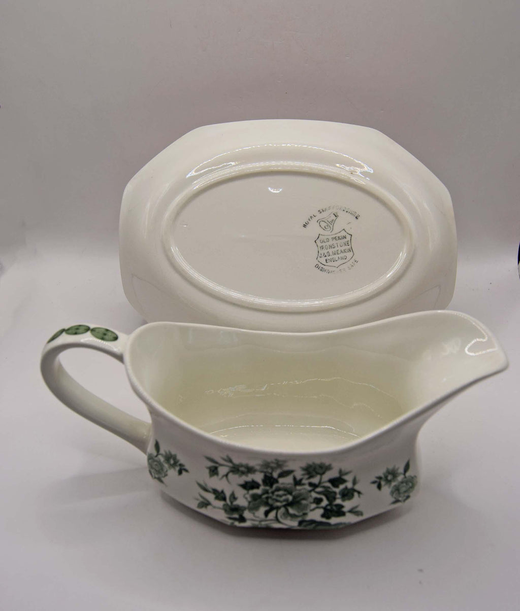 Vintage Royal Staffordshire Old Pekin Green Ironstone Gravy Boat with Saucer