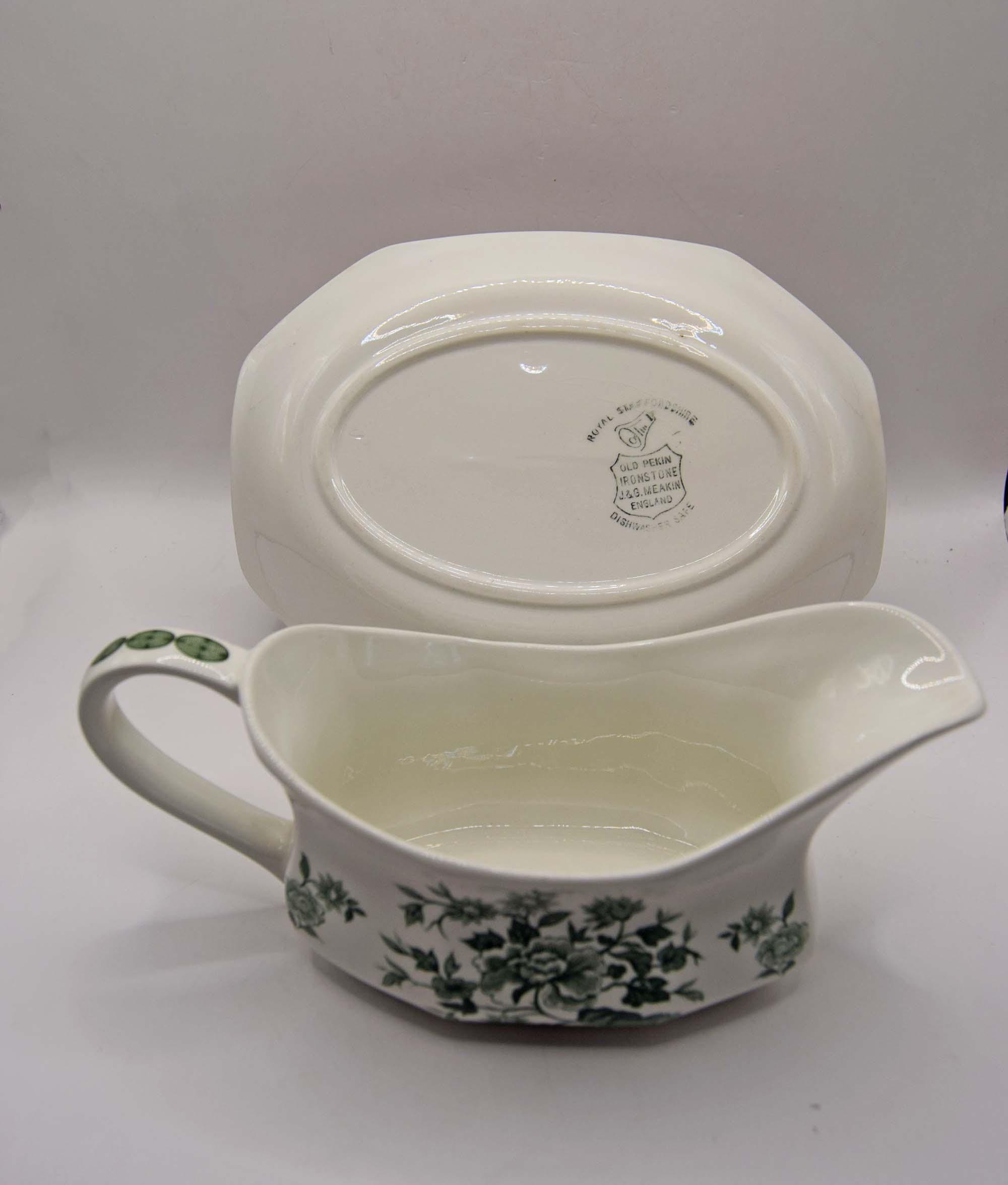 Vintage Royal Staffordshire Old Pekin Green Ironstone Gravy Boat with Saucer