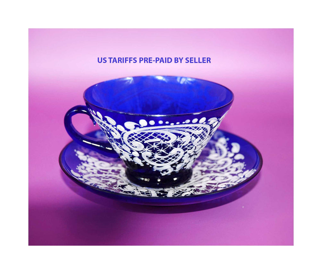 Vintage Murano Glass Cup and Saucer: Cobalt Blue & Ivory Lace, c1960s