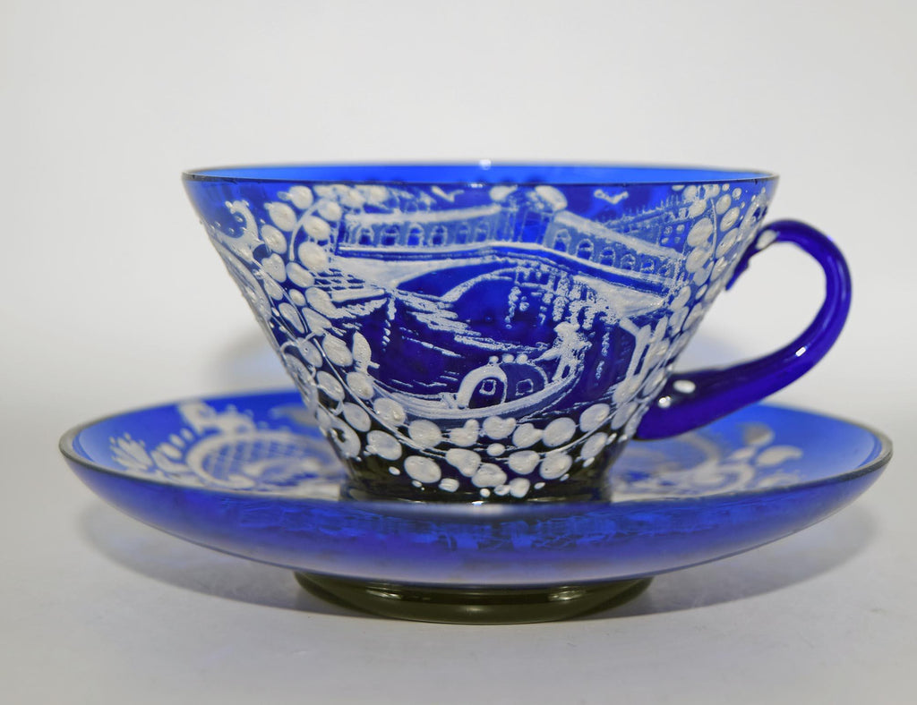 Vintage Murano Glass Cup and Saucer: Cobalt Blue & Ivory Lace, c1960s