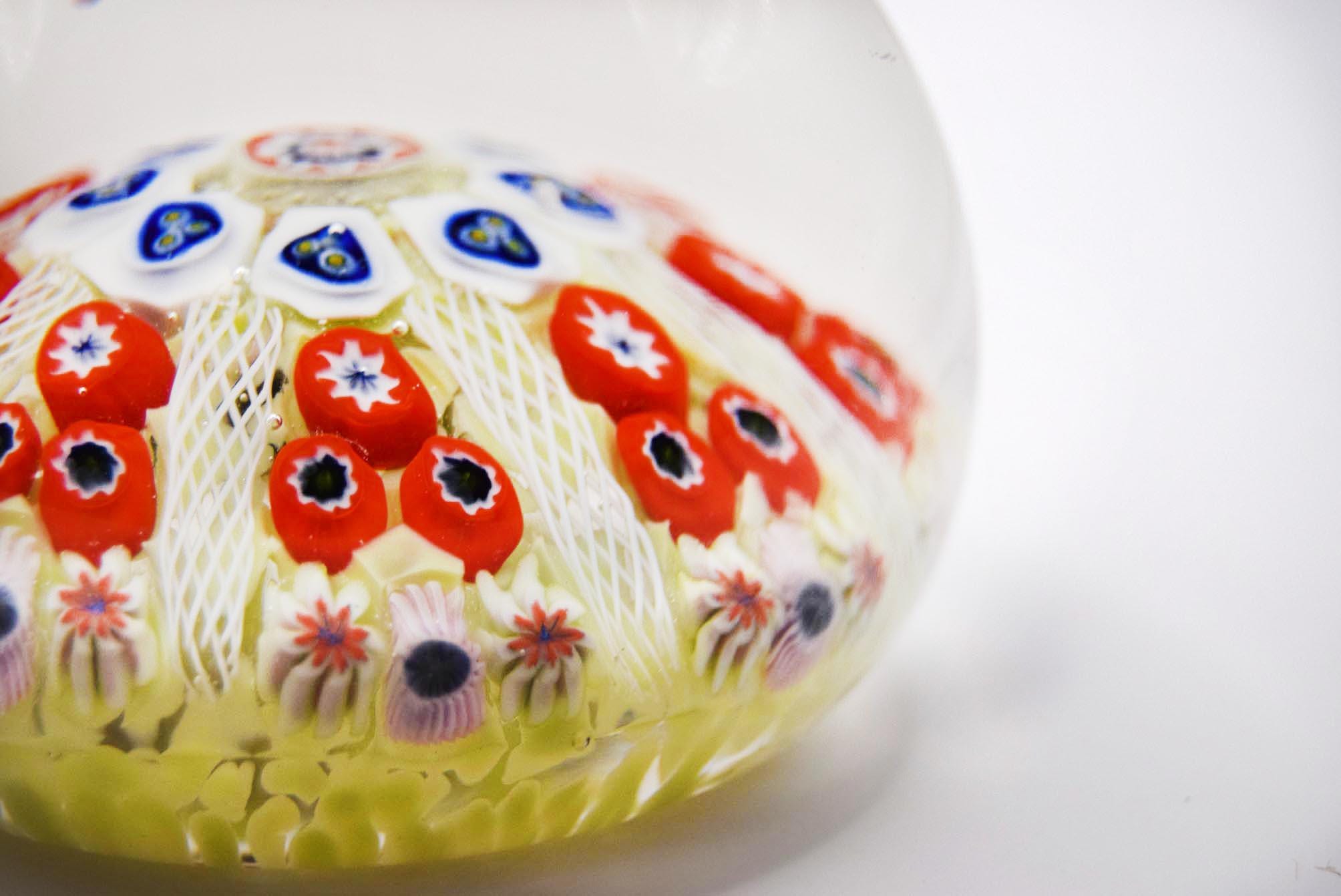 Scottish Strathearn Millefiori 8 Spoke Cartwheel Latticino Glass Paperweight c1970s