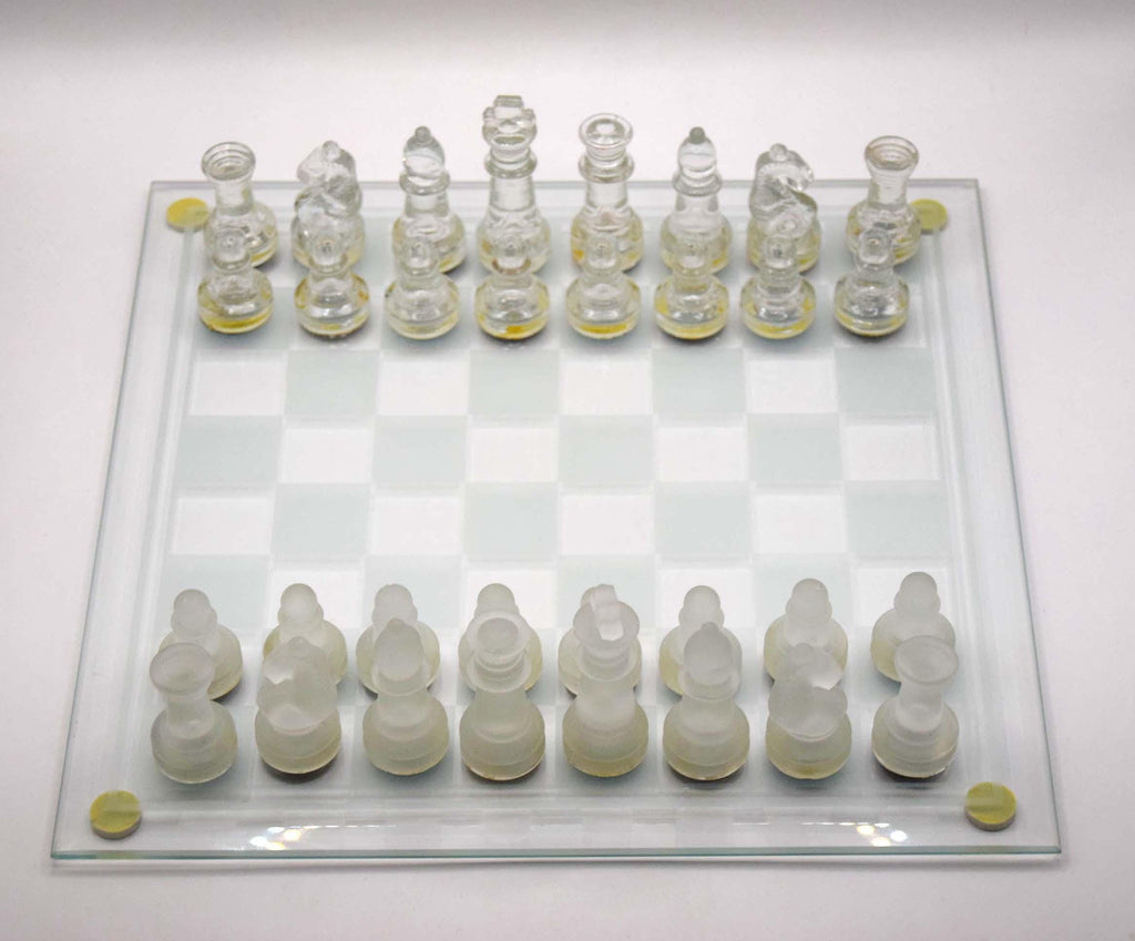 Vintage Glass Chess Set | Frosted and Clear pieces | 25cm x 25cm board